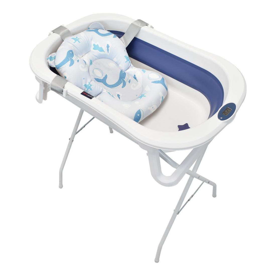 Bañera Plegable Con Soporte Y Cojín Stand Happy Baby Azul