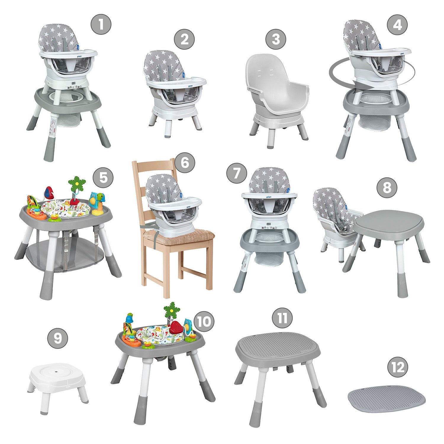 Silla Comedor bebé 12 en 1 con Giro 360 Yae de Priori Gris