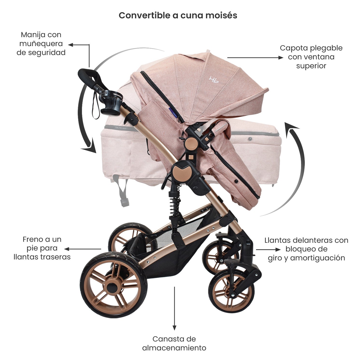 Coche Bebe Moises Gadi Happy Baby Rosado