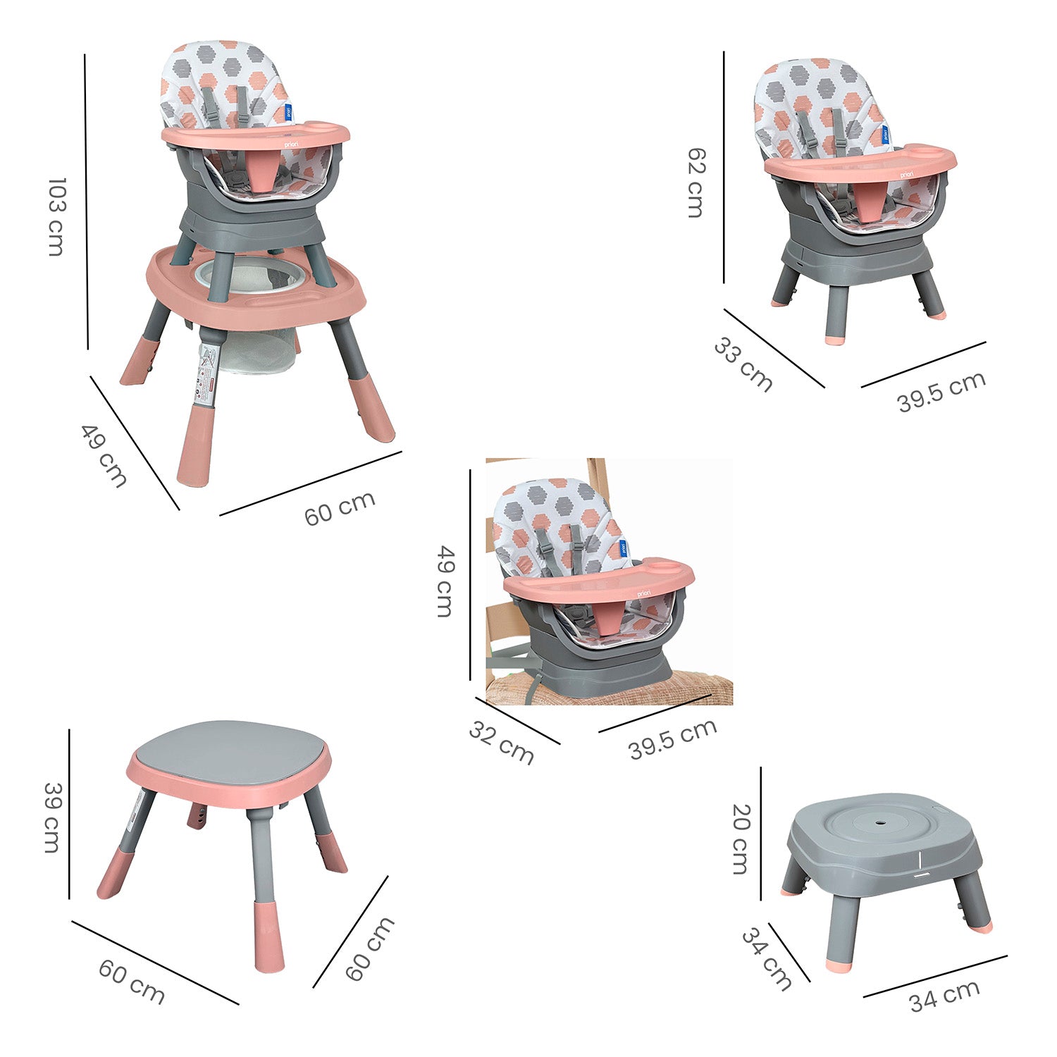 Silla Comedor bebé 12 en 1 con Giro 360 Yae de Priori Rosa