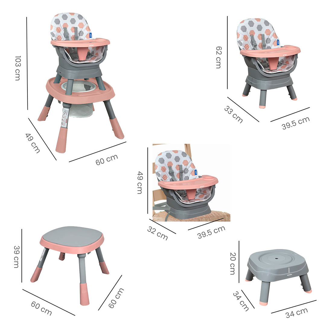 Silla Comedor bebé 12 en 1 con Giro 360 Yae de Priori Rosa
