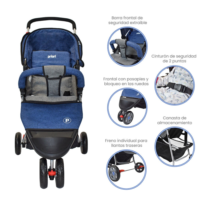 Coche Bebe Priori Tres Ruedas Liviano+Pañalera Jogger Azul