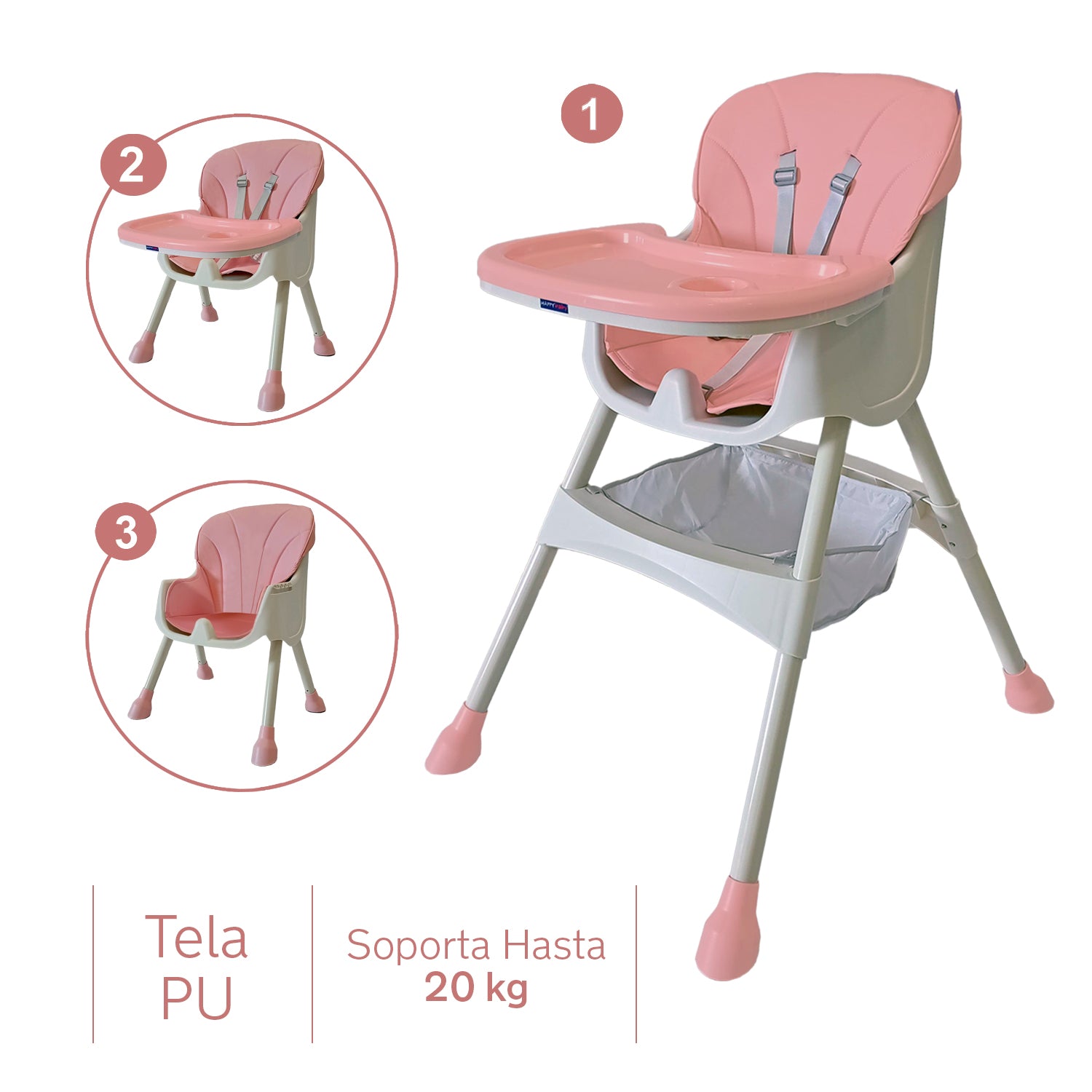 Silla comedor bebe 3en1 Happy Baby York Rosa