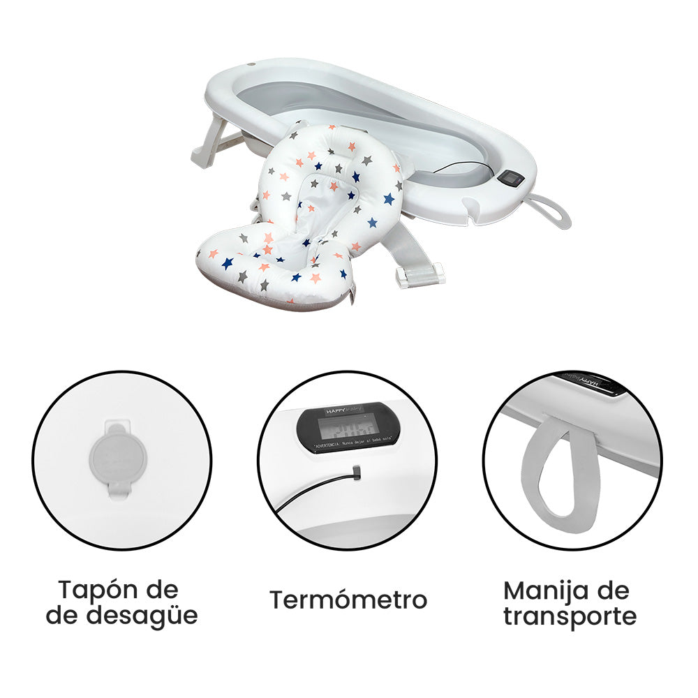 Bañera Bebé Happy Baby Cojín y Termómetro Samy Gris