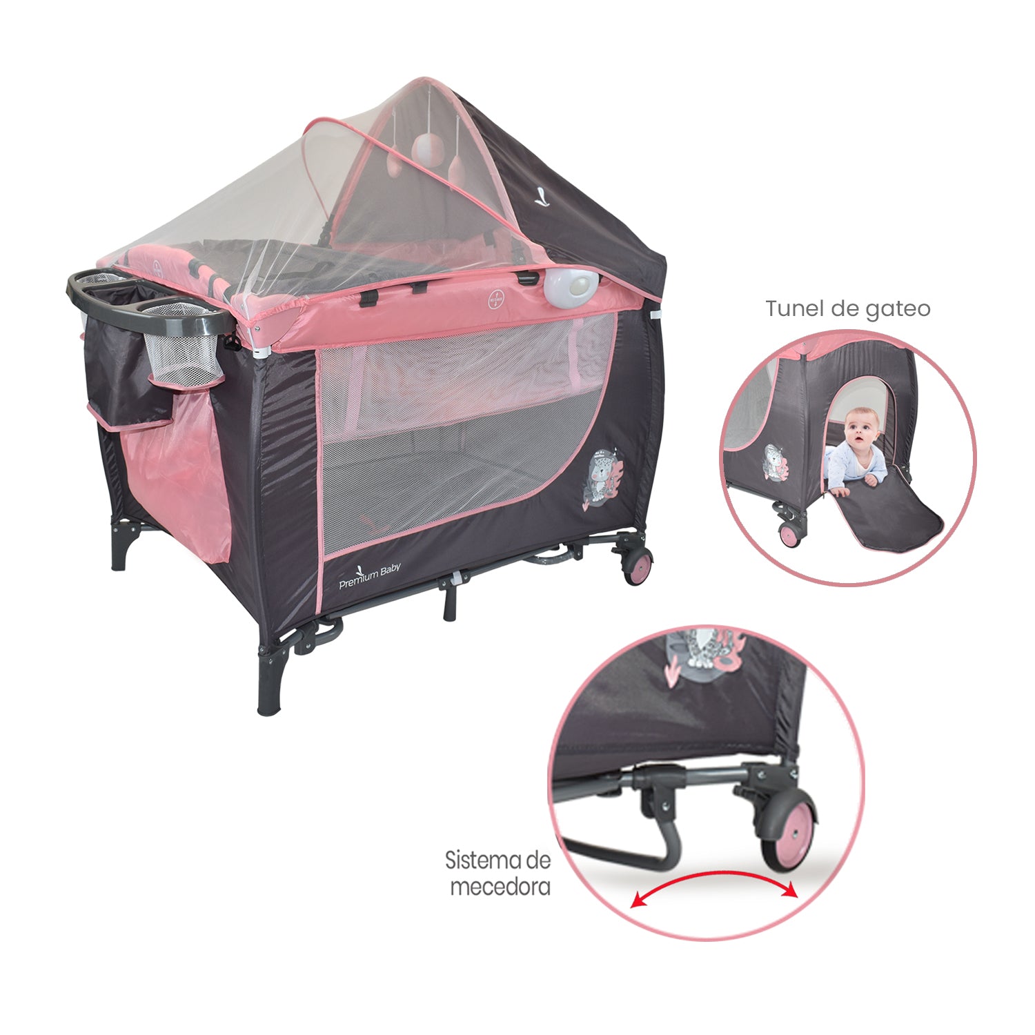Corral Cuna Mecedora Bebé Premium Baby Napoles Rosa