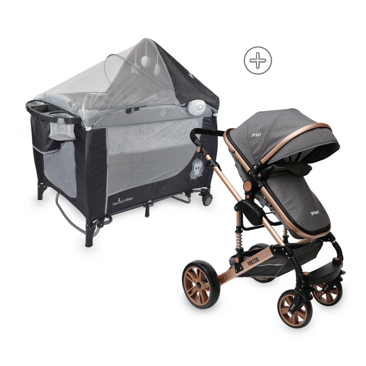 Combo Bebé Coche Frezzio + Cuna Mecedora Nápoles Gris