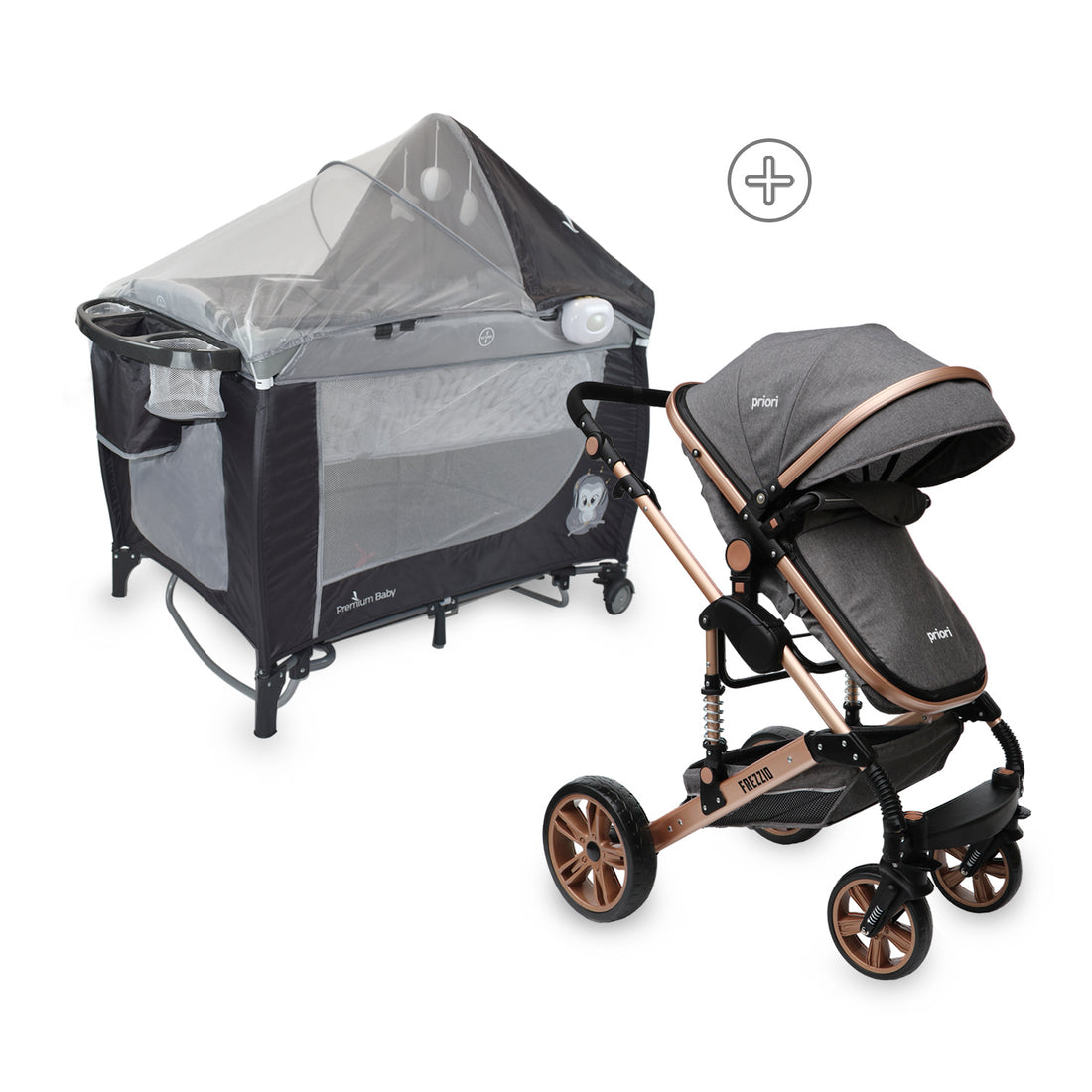 Combo Bebé Coche Frezzio + Cuna Mecedora Nápoles Gris