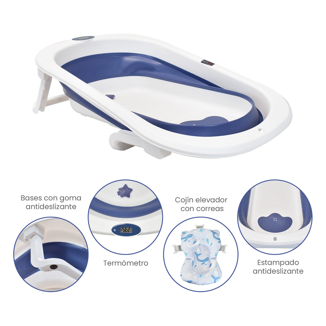 Bañera Plegable Con Soporte Y Cojín Stand Happy Baby Azul