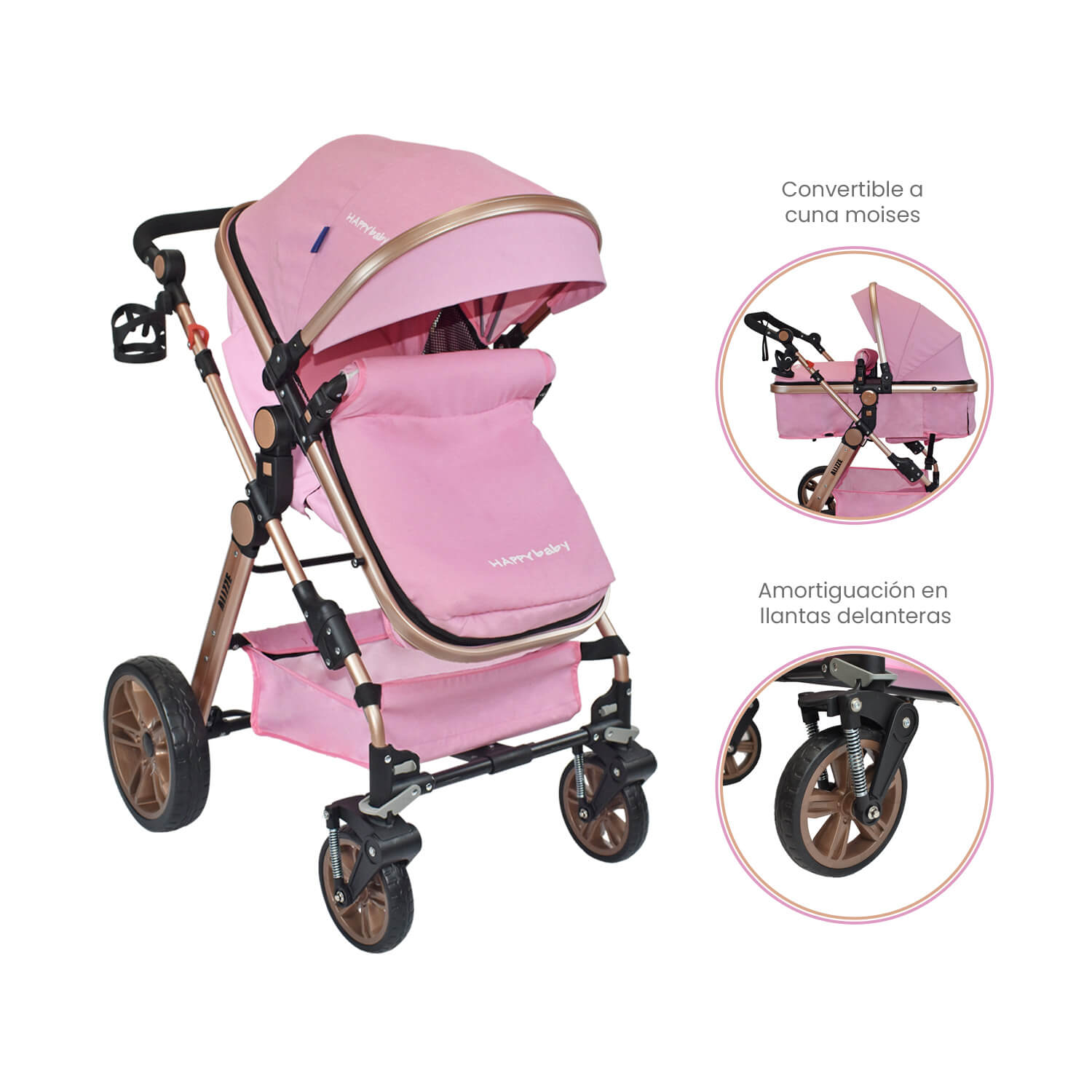 Coche Bebe Moises Alizze Happy Baby Rosa Claro