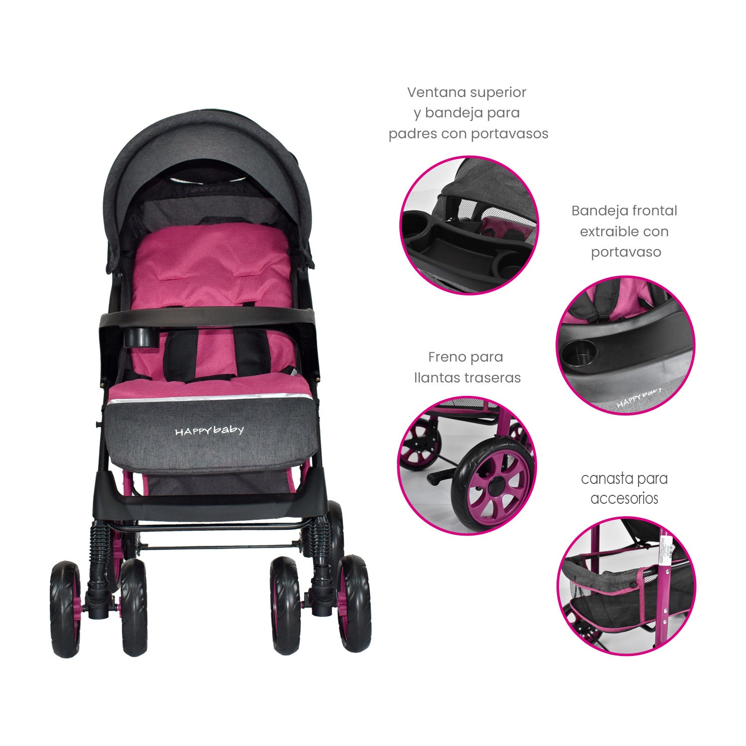 Combo Coche Bebe Klaus + Bañera Hawai Happy Baby Rosa