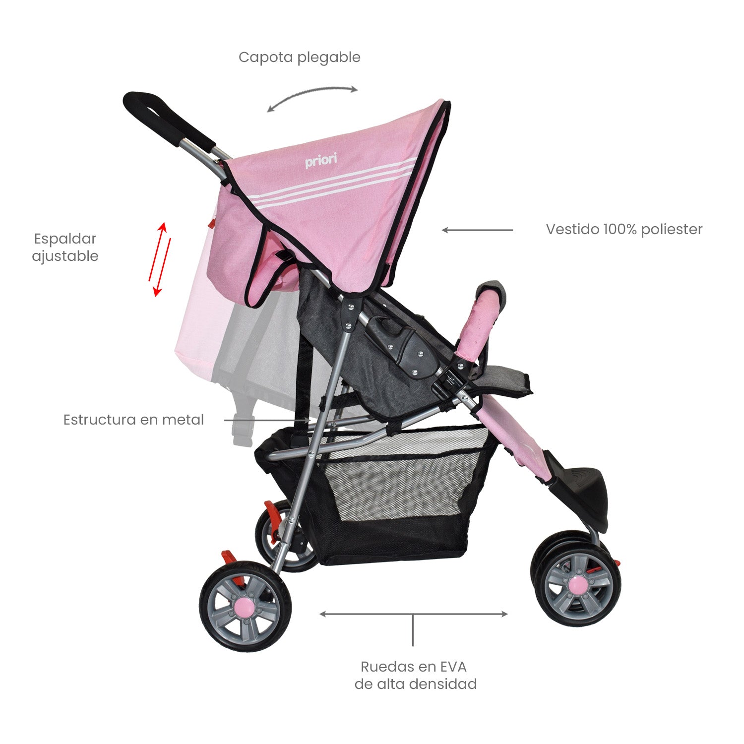 Coche Bebe Priori Tres Ruedas Liviano+Pañalera Jogger Rosa