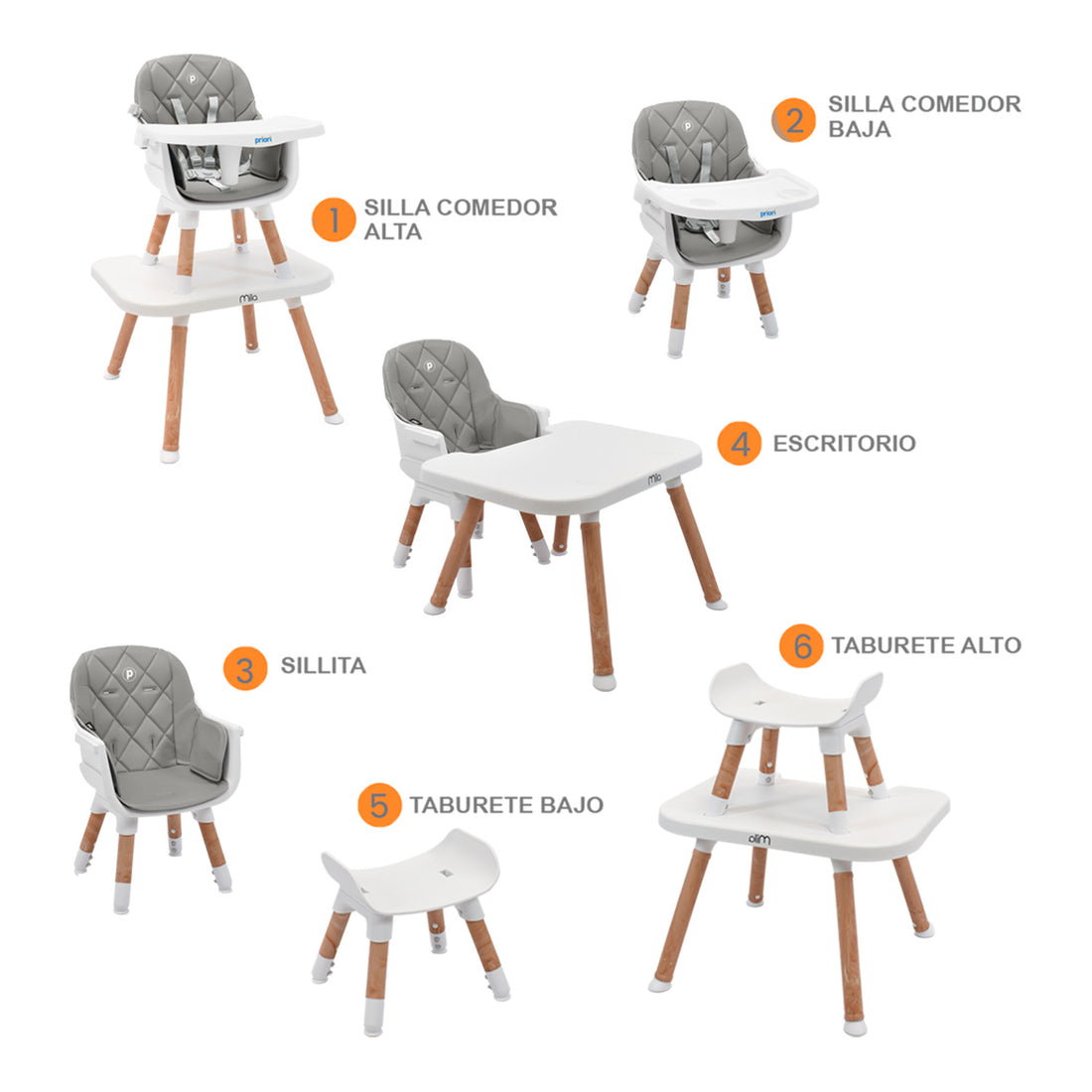 Silla Comedor Bebé 6 en 1 Mila Gris Priori