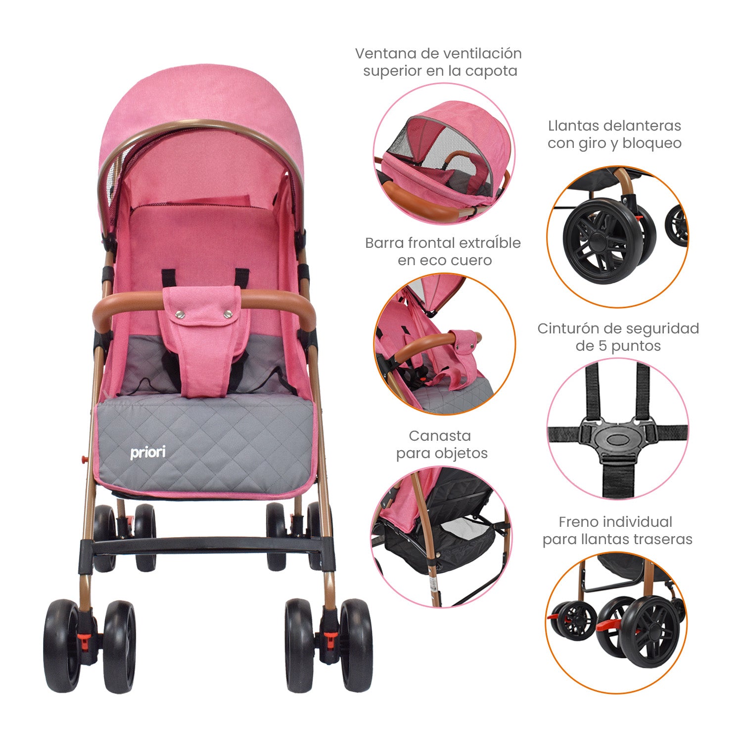 Coche Bebe Paseador Priori Park Rosado