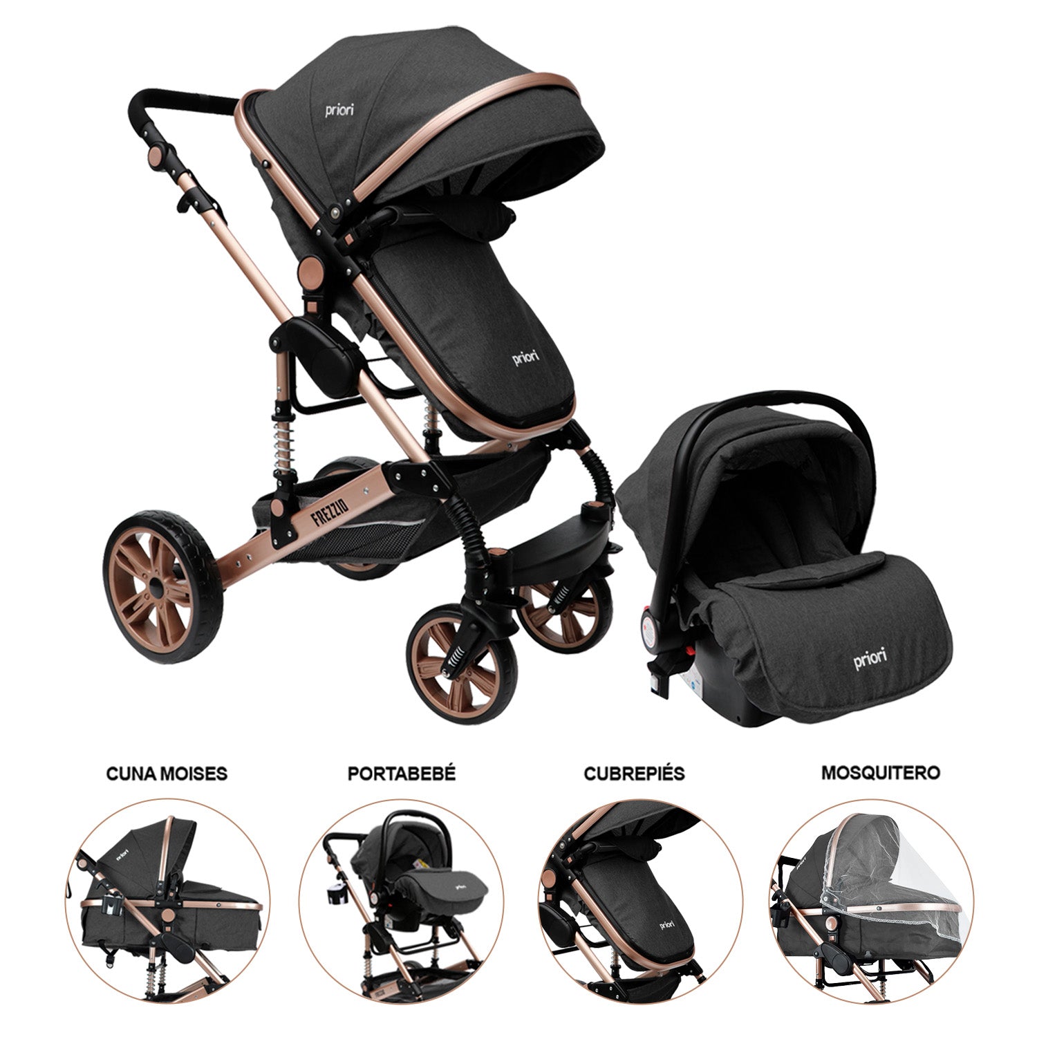 Coche Bebe Moises 4en1 Frezzio Priori Gris Oscuro