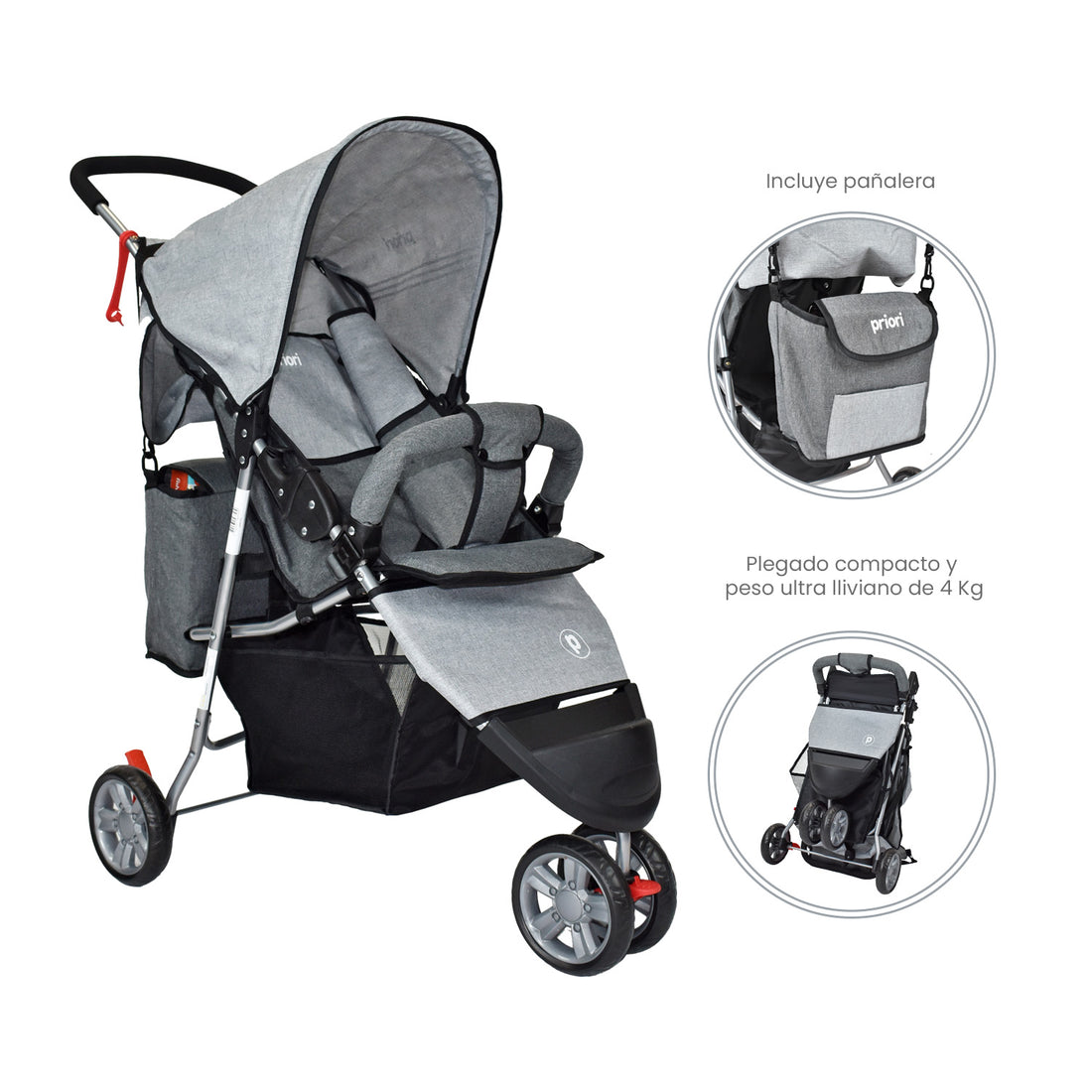 Coche Bebe Priori Tres Ruedas Liviano+Pañalera Jogger Gris