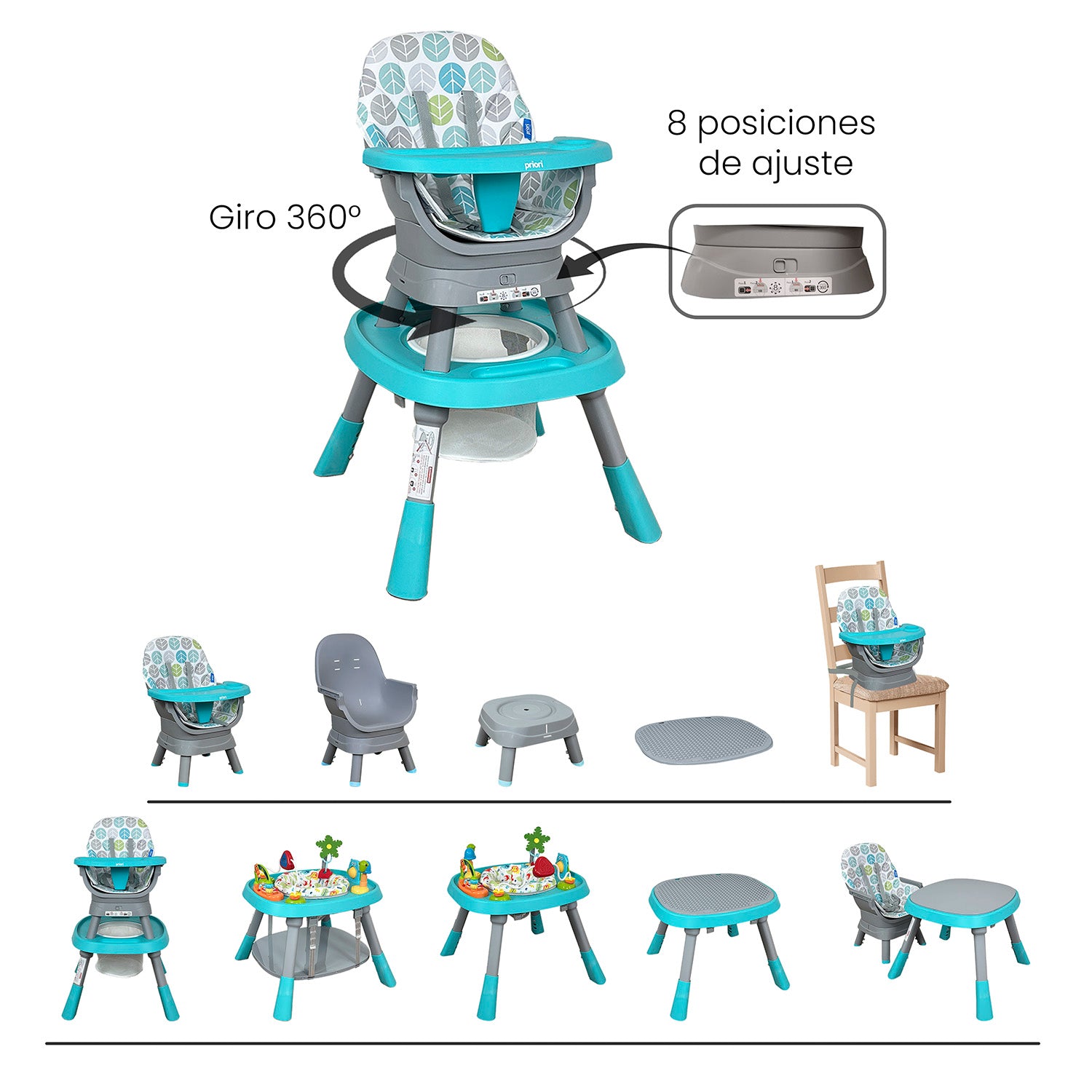 Silla Comedor bebé 12 en 1 con Giro 360 Yae de Priori Azul
