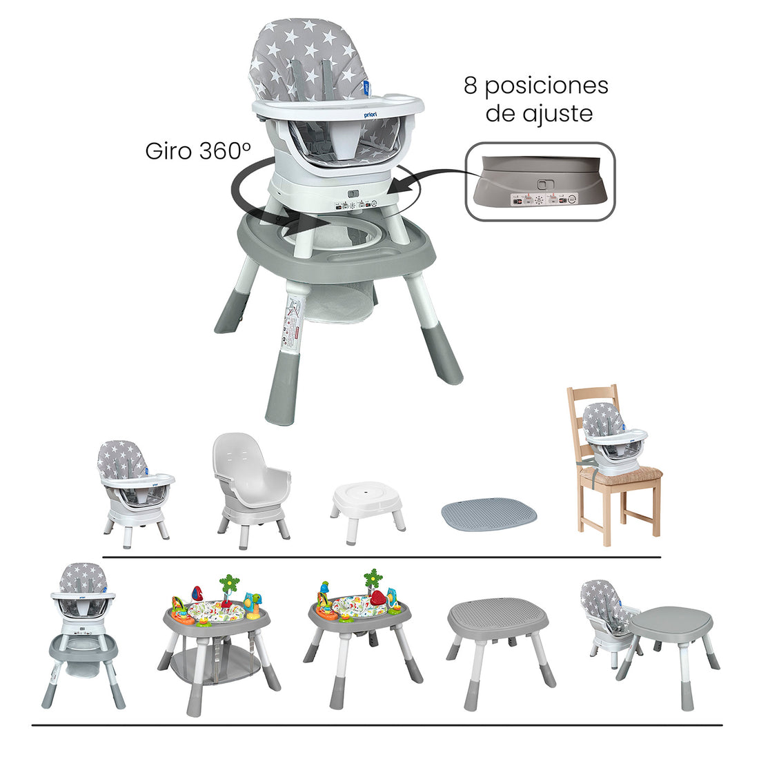 Silla Comedor bebé 12 en 1 con Giro 360 Yae de Priori Gris