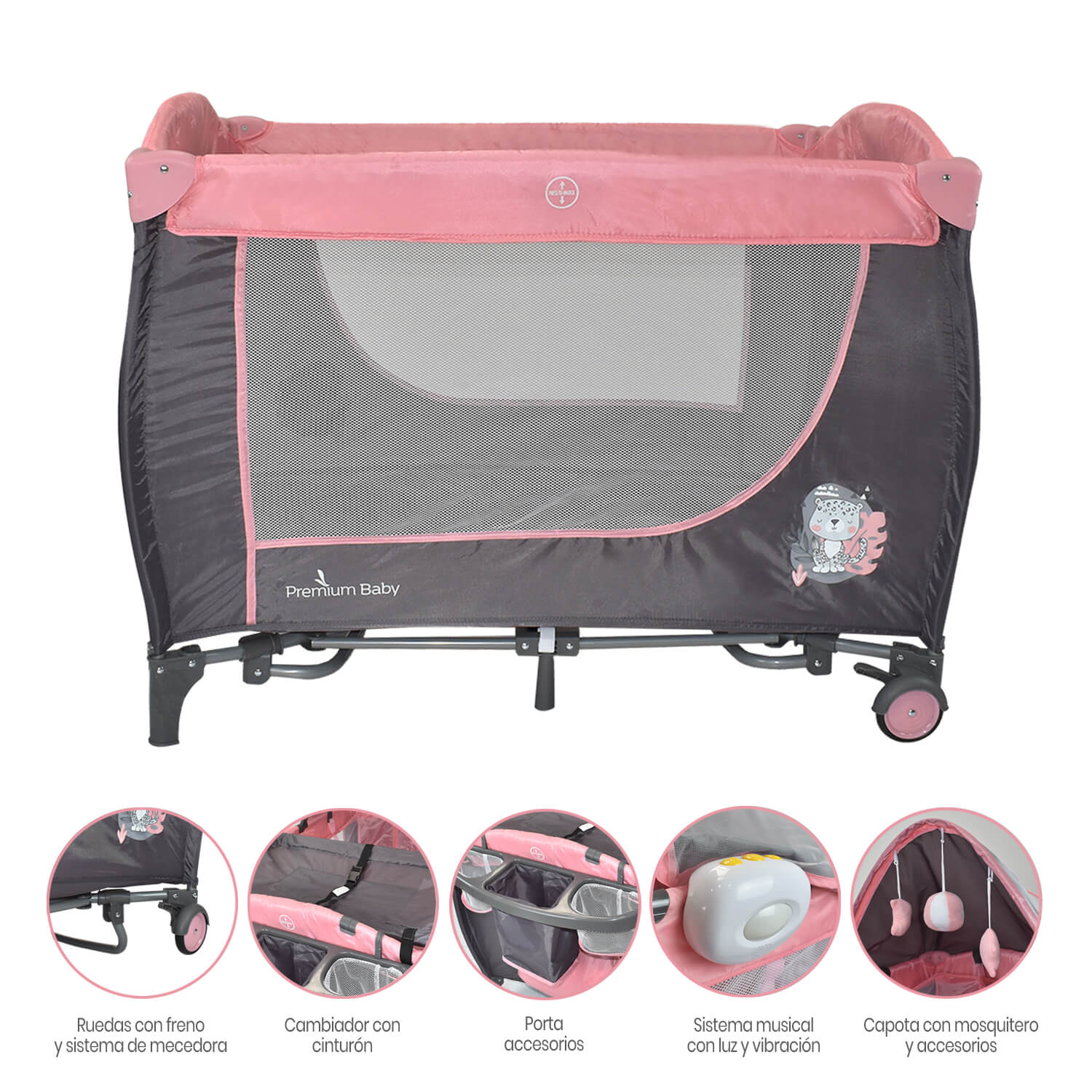 Corral Cuna Mecedora Bebé Premium Baby Napoles Rosa