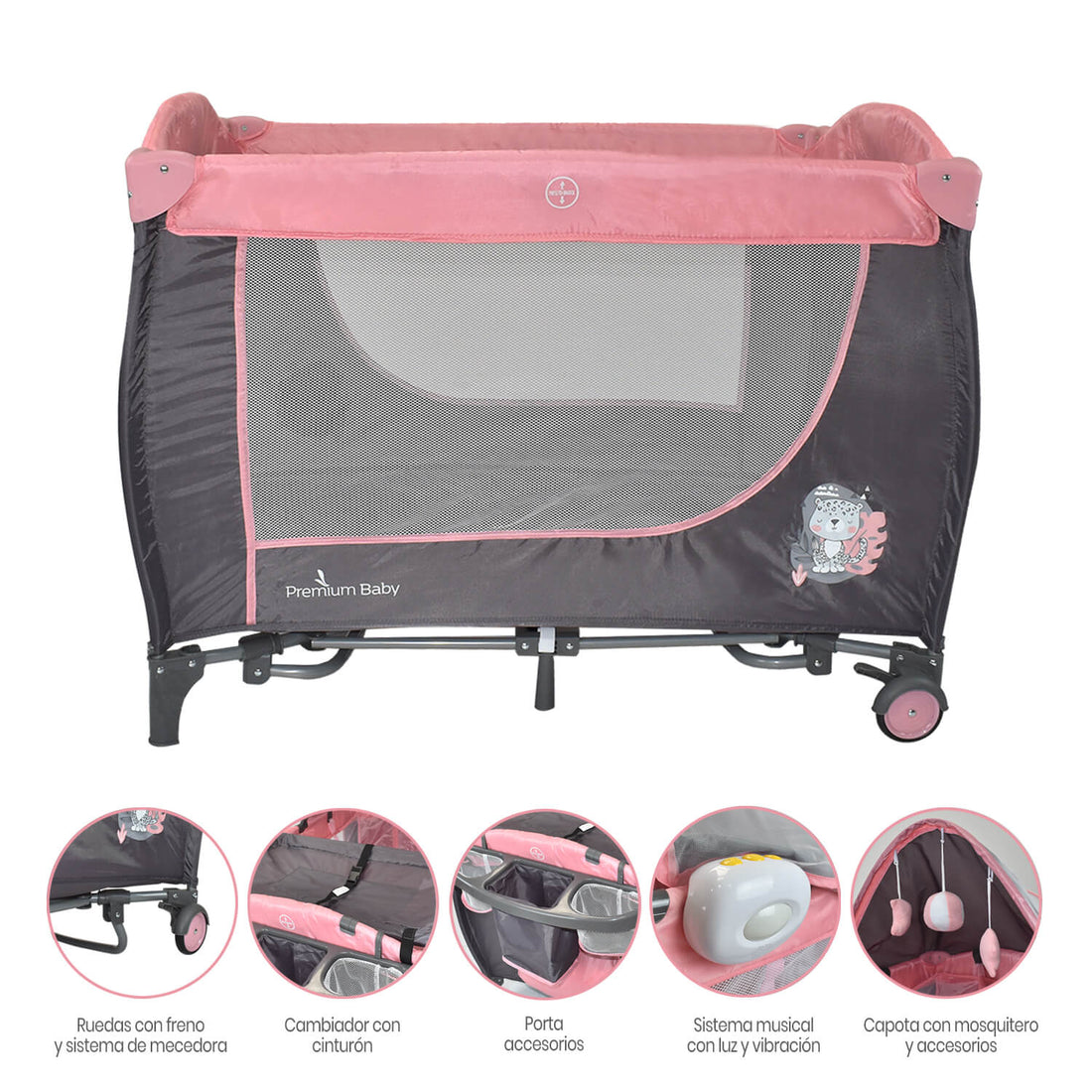 Corral Cuna Mecedora Bebé Premium Baby Napoles Rosa