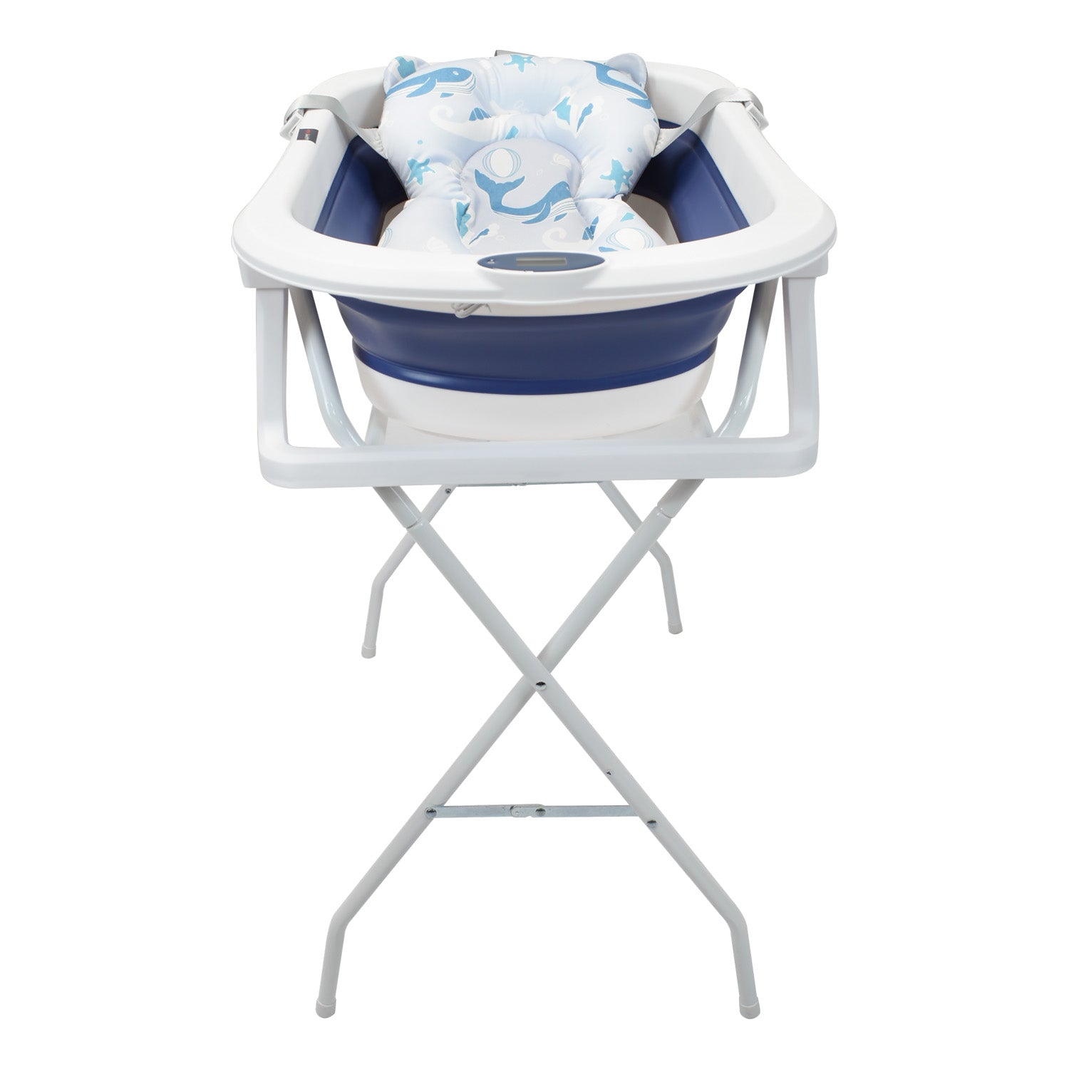 Bañera Plegable Con Soporte Y Cojín Stand Happy Baby Azul