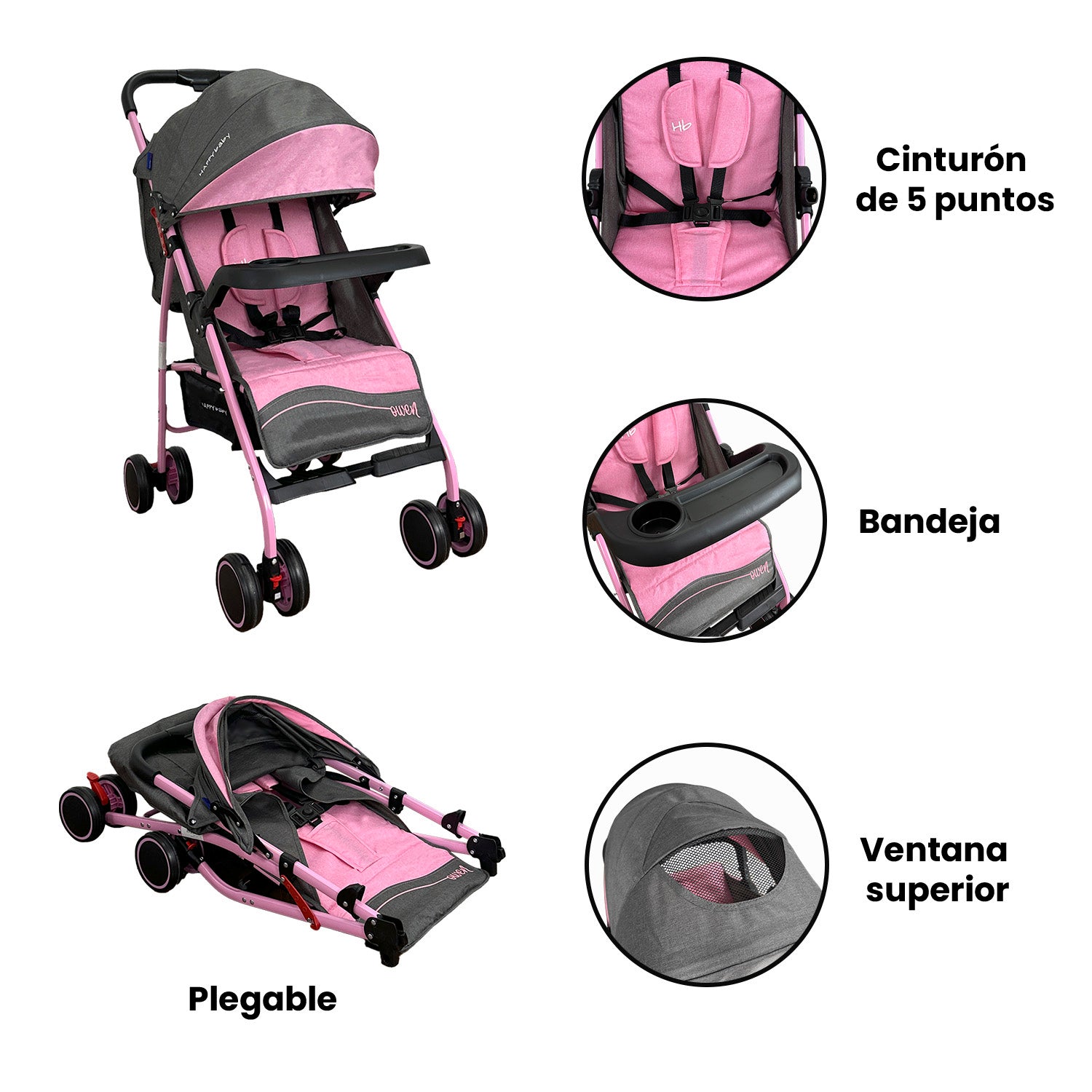 Coche Paseador Owen Happy Baby Rosado