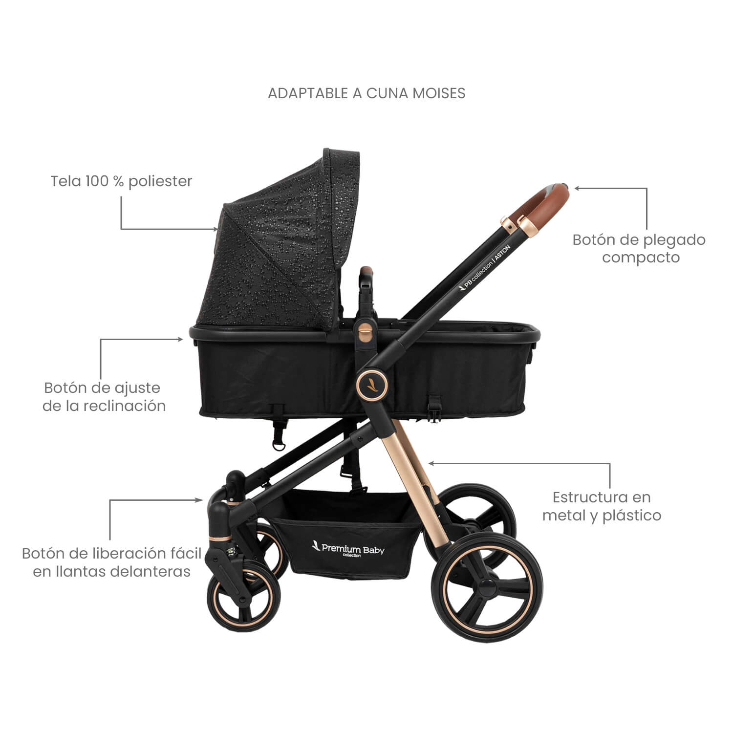 Coche Bebé Moises Aston Premium Baby Collection Negro