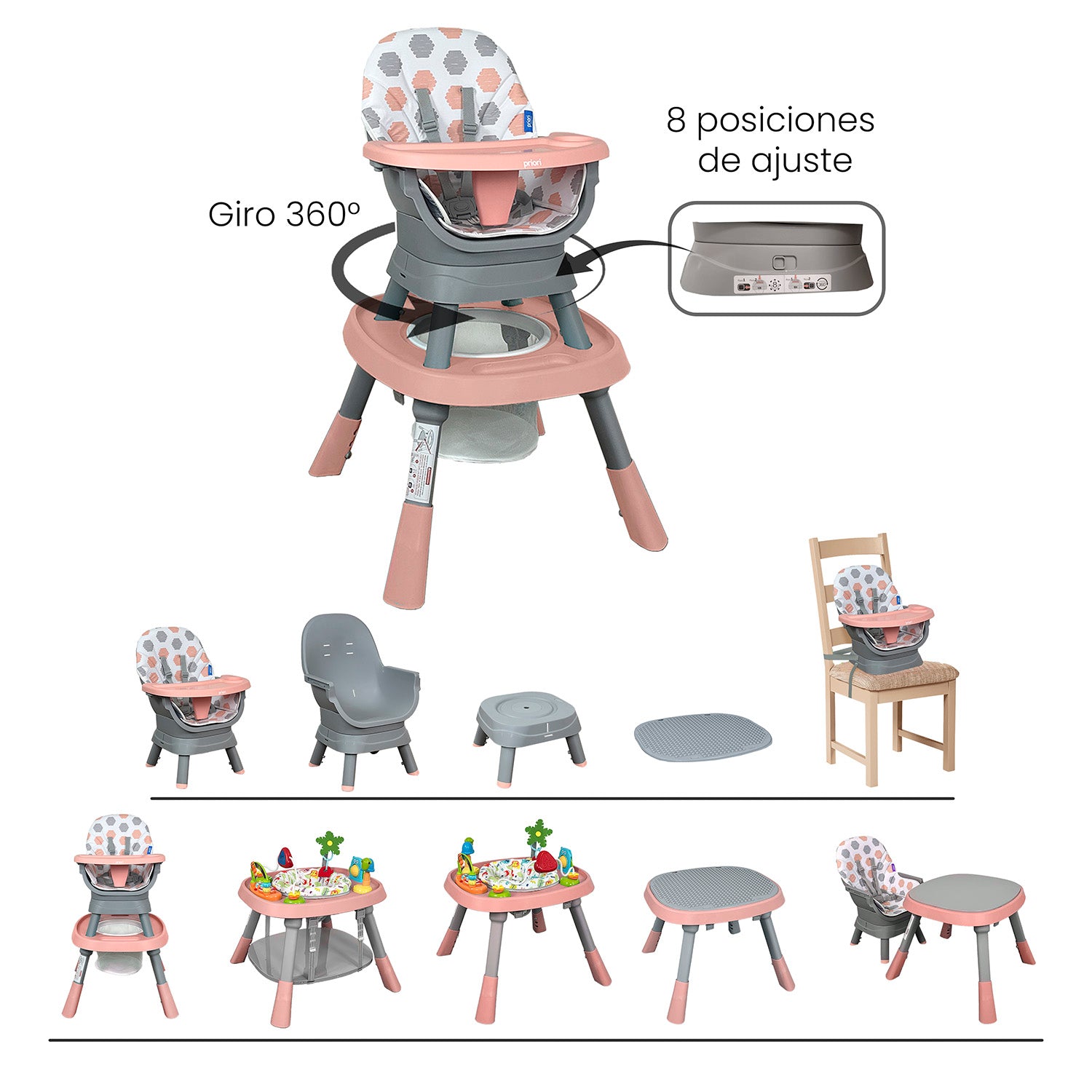 Silla Comedor bebé 12 en 1 con Giro 360 Yae de Priori Rosa