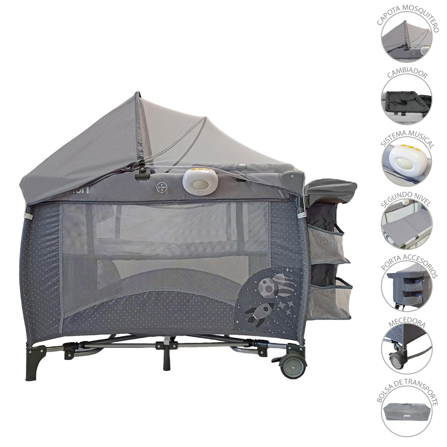 Corral Cuna Bebe Mecedora Priori Pcu8500 Gris