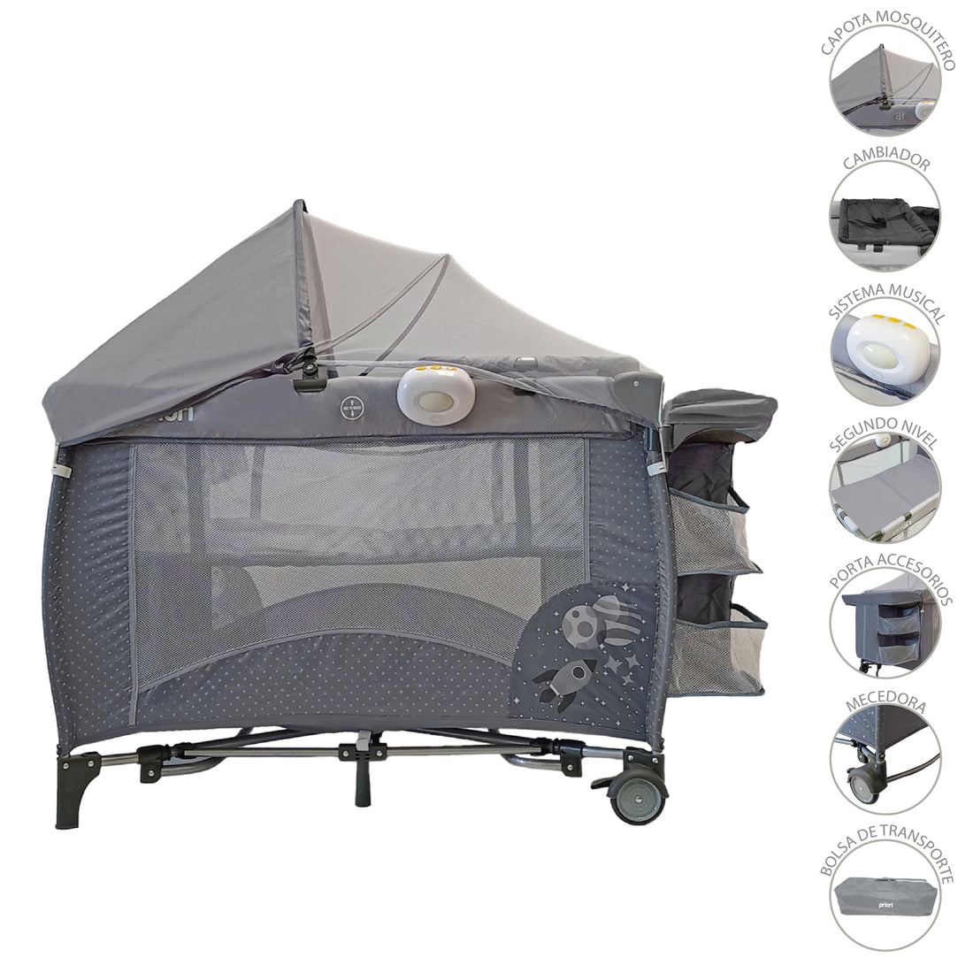 Corral Cuna Bebe Mecedora Priori Pcu8500 Gris