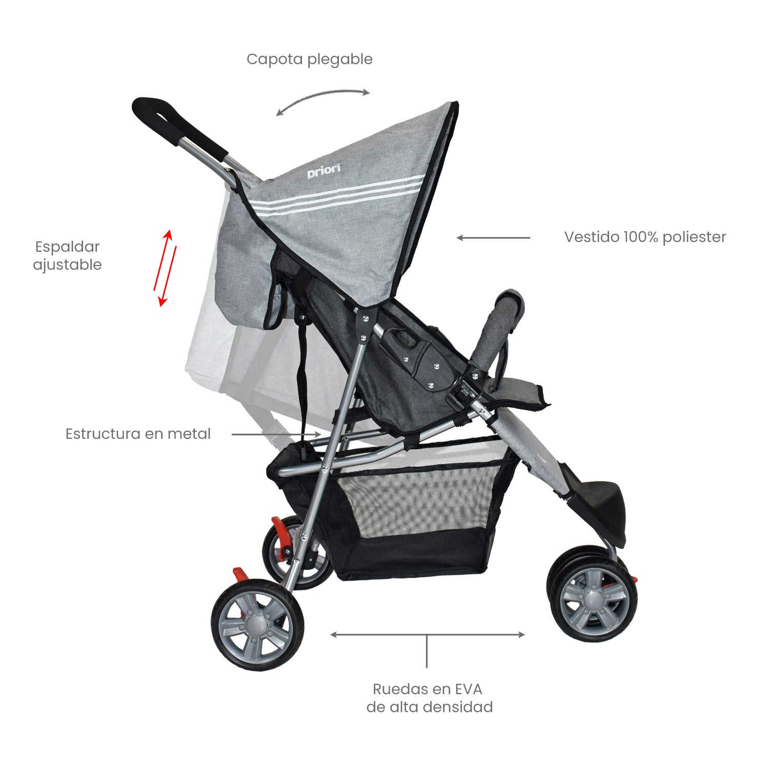 Coche Bebe Priori Tres Ruedas Liviano+Pañalera Jogger Gris