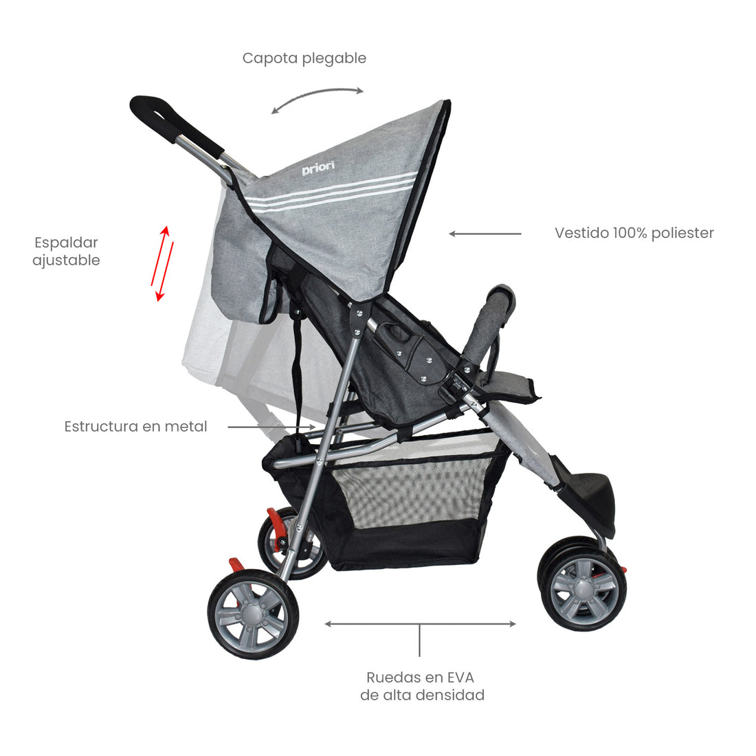 Coche Bebe Priori Tres Ruedas Liviano+Pañalera Jogger Gris