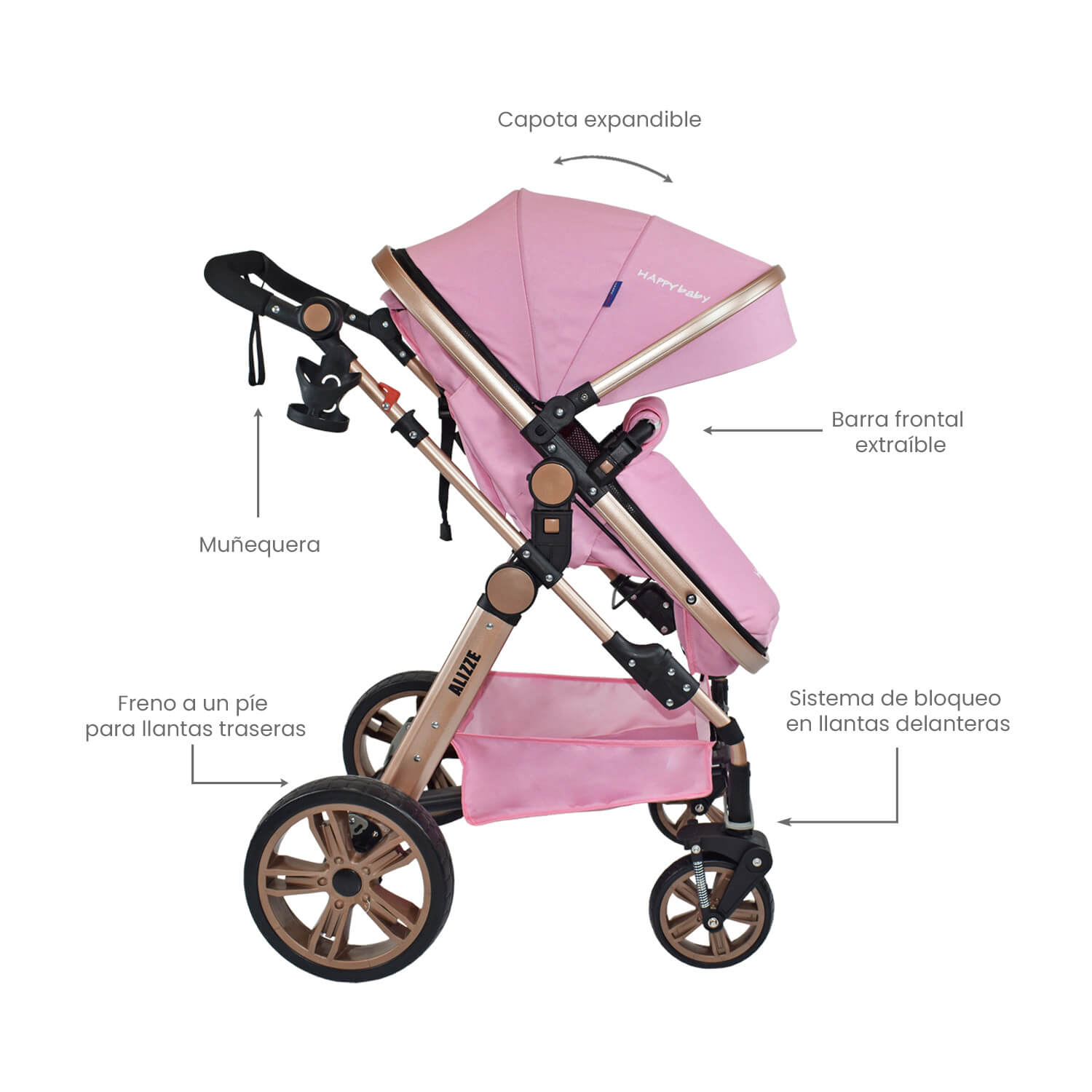 Coche Bebe Moises Alizze Happy Baby Rosa Claro