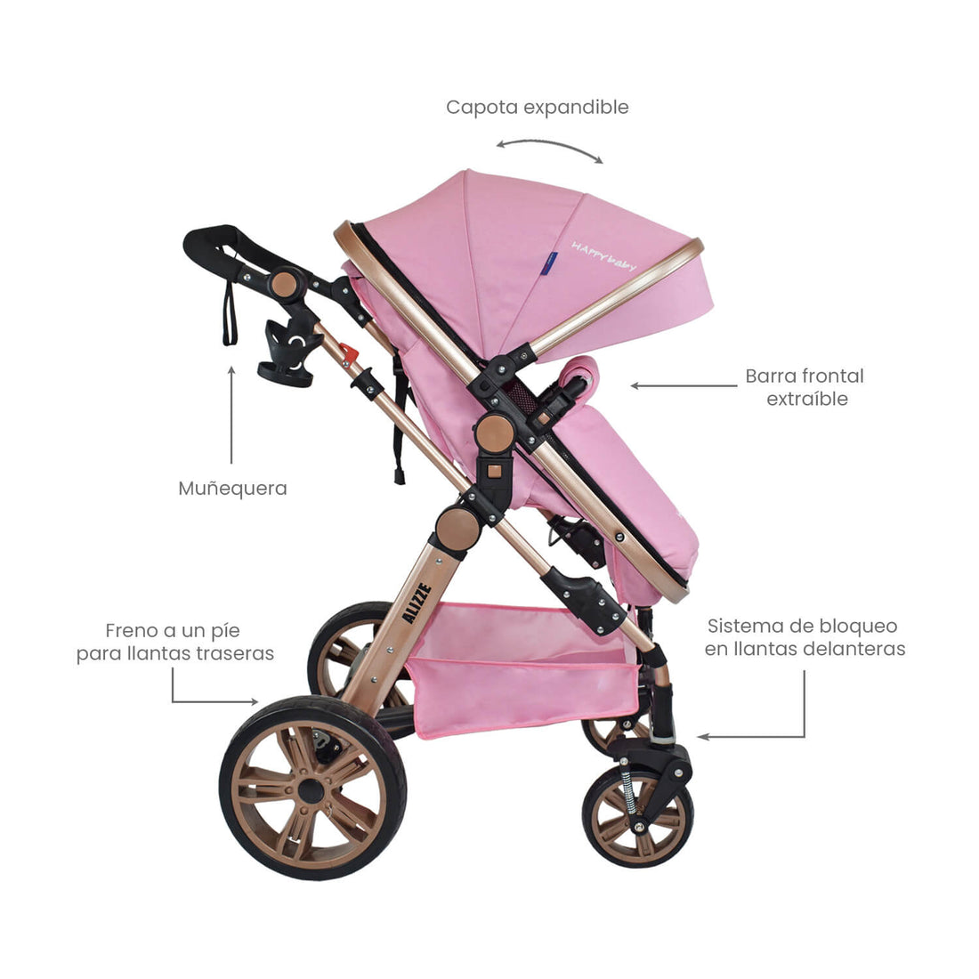 Coche Bebe Moises Alizze Happy Baby Rosa Claro