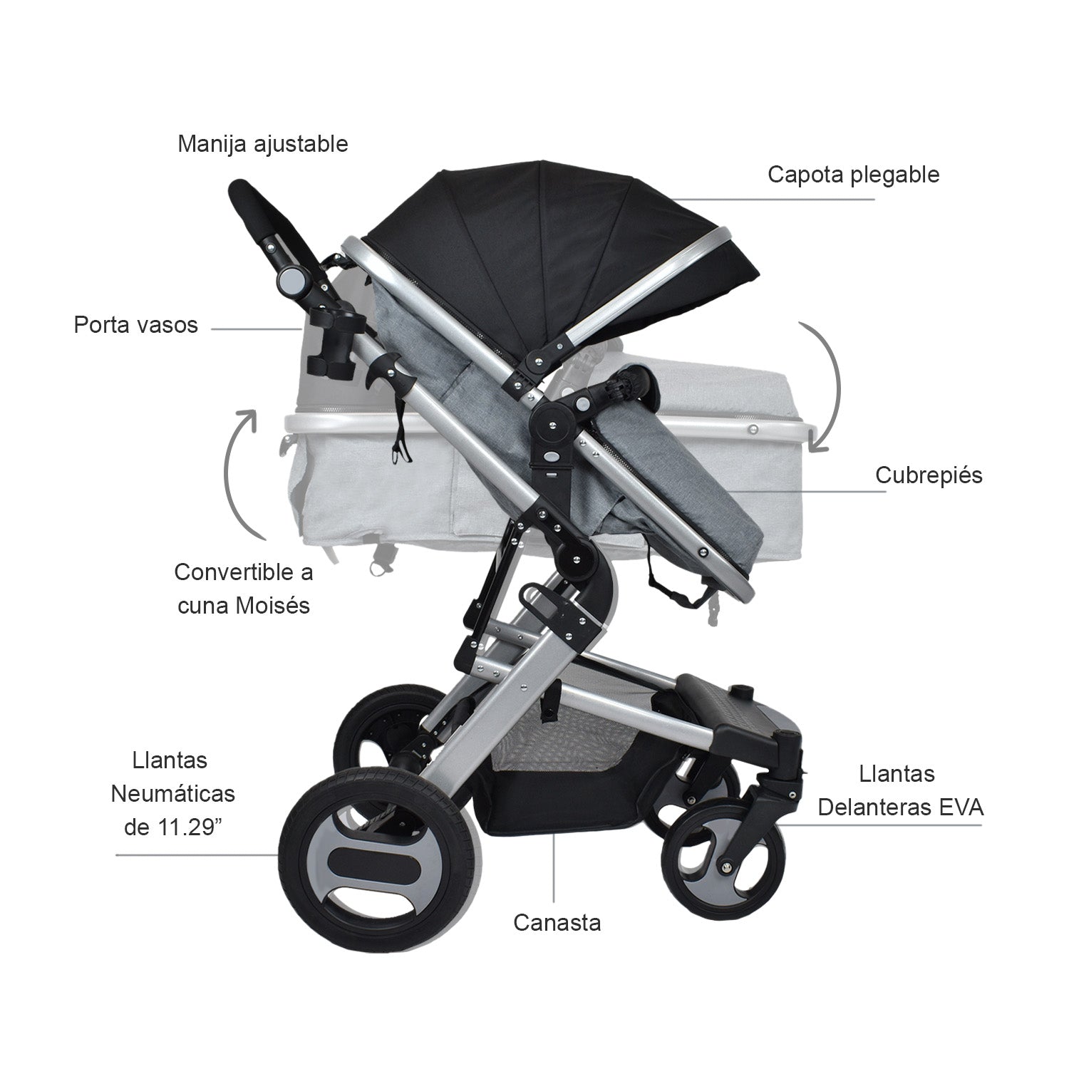 Coche Bebe Moisés Wow Ts Happy Baby Gris