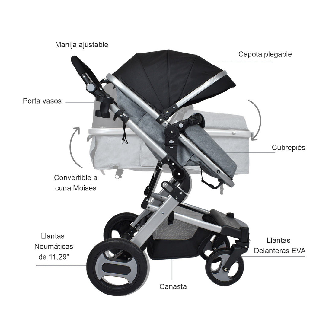 Coche Bebe Moisés Wow Ts Happy Baby Gris