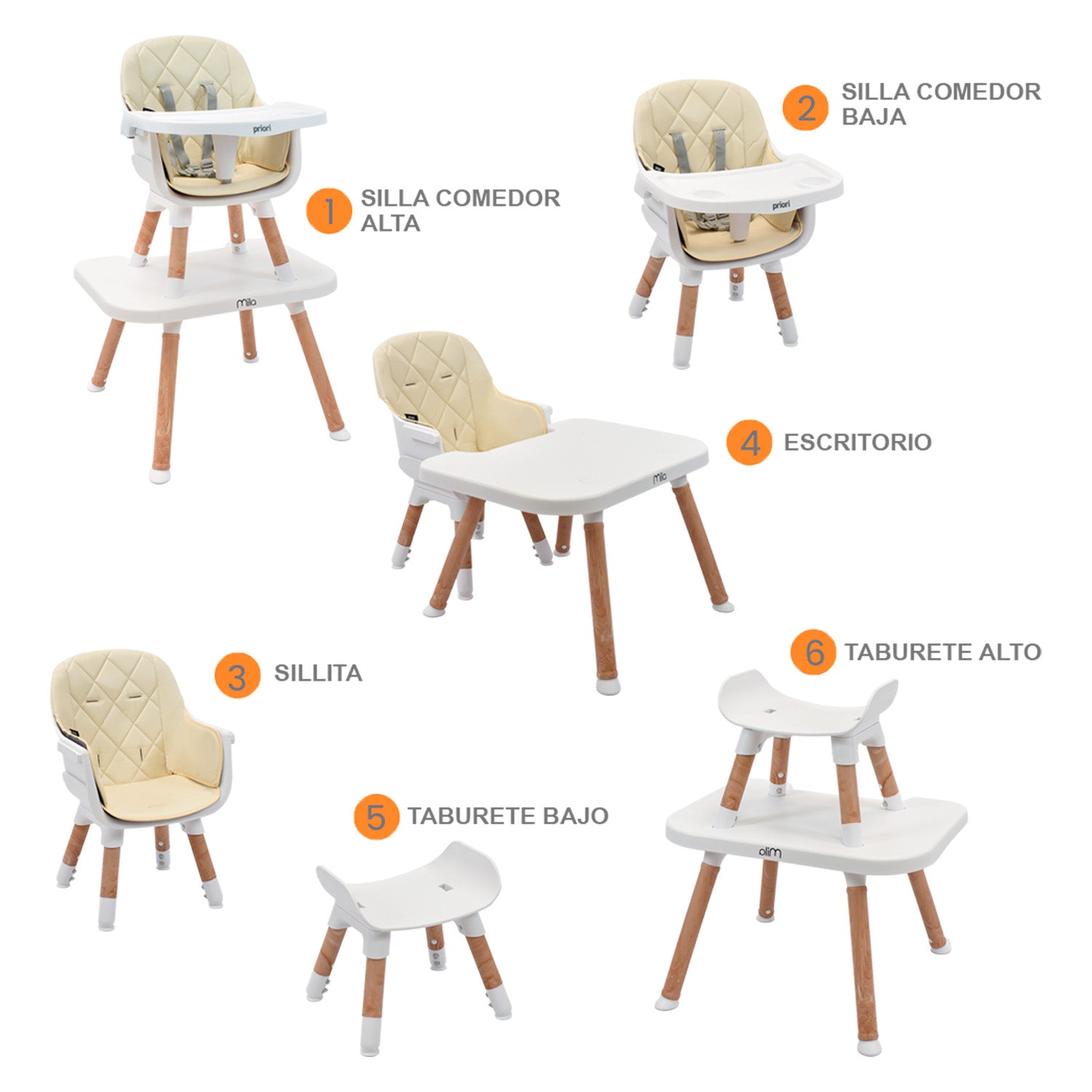 Silla Comedor Bebé 6 en 1 Mila Beige  Priori Beige