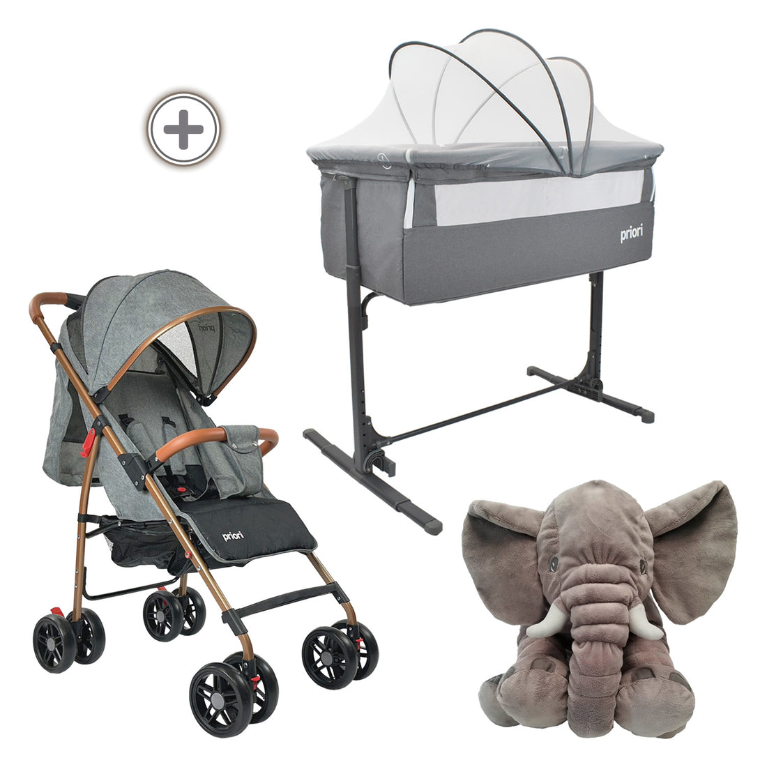 Combo Coche Park Gris + Cuna Colecho Bebé Golf Priori Gris +Peluche Elefante Gris