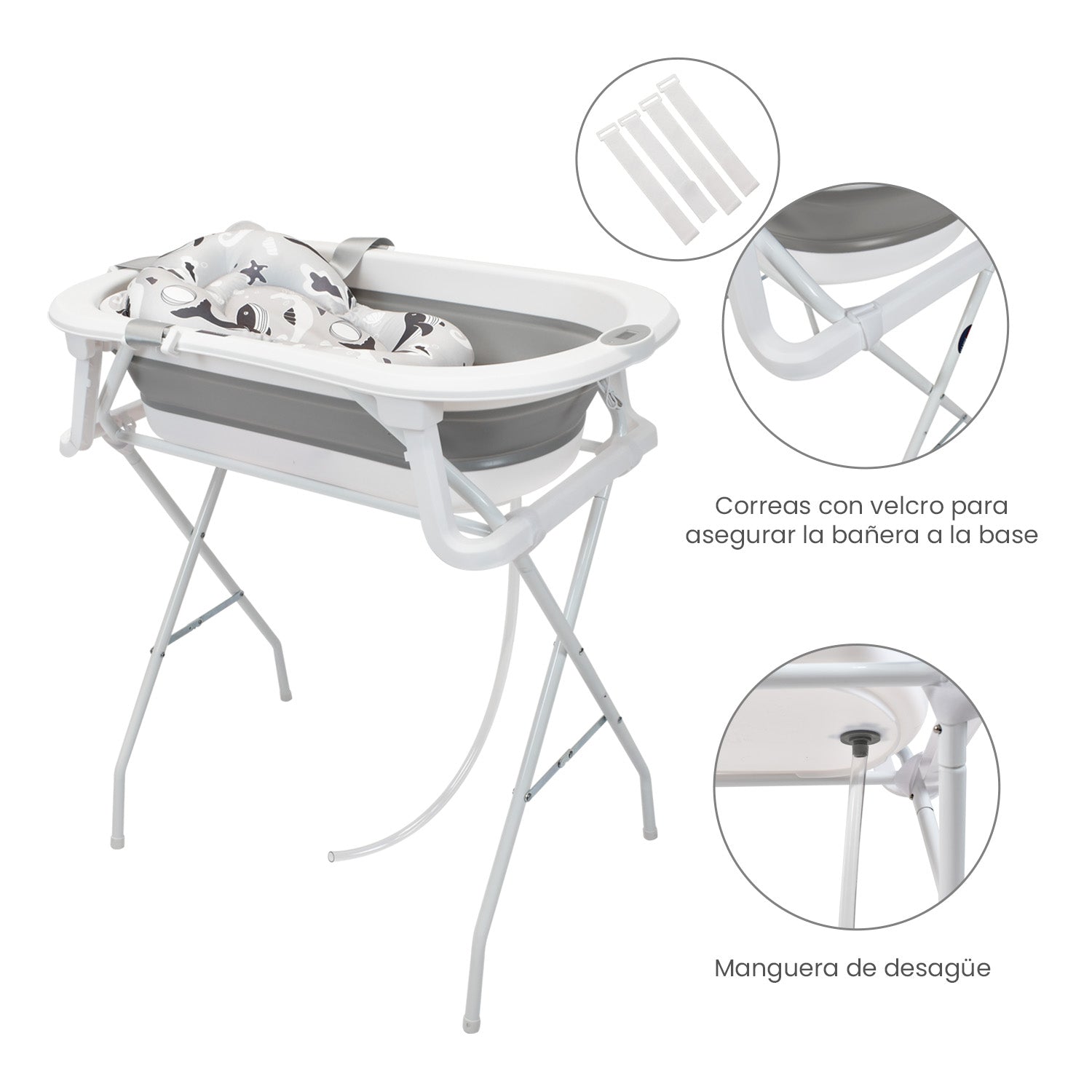 Bañera Bebé con Cojín Stand y Soporte Metálico Gris Happy Baby