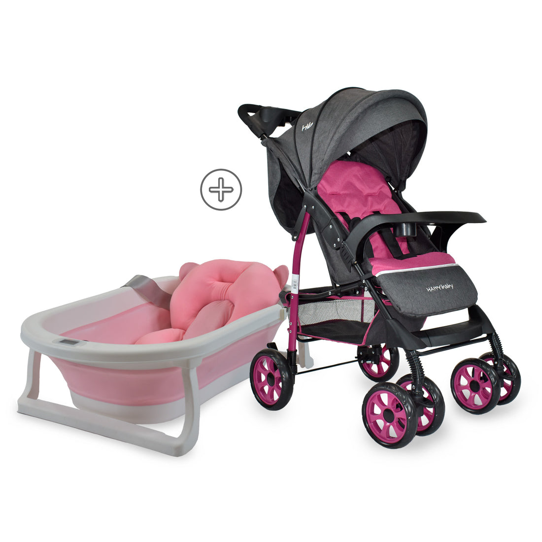Combo Coche Bebe Klaus + Bañera Hawai Happy Baby Rosa