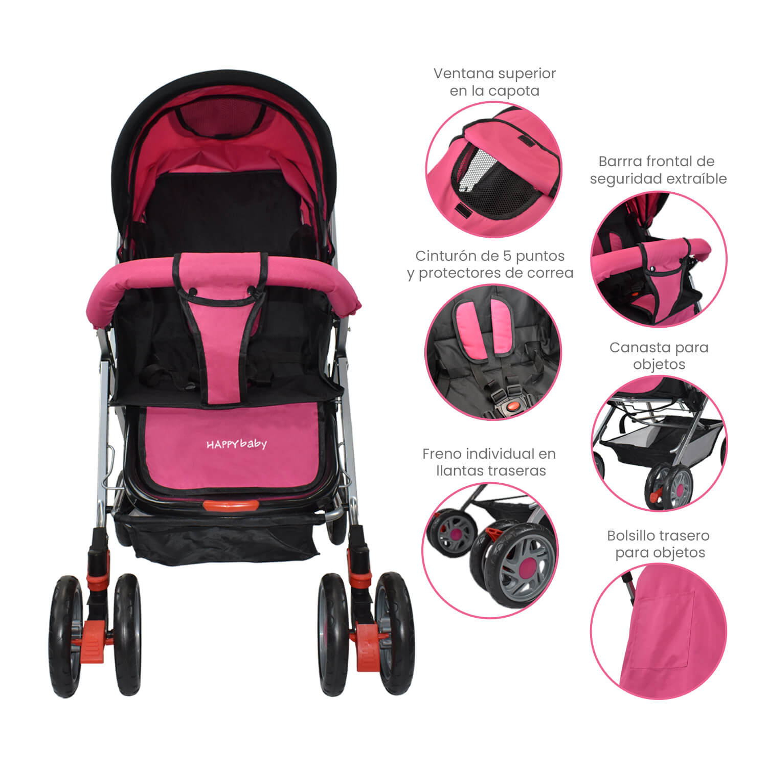 Coche Cuna Reversible Bebé Dallas Con Pañalera Happy Baby Rosa