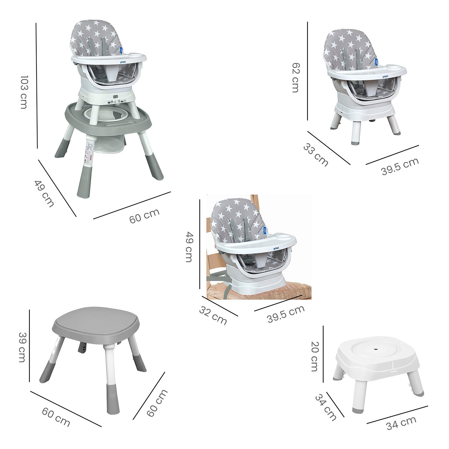 Silla Comedor bebé 12 en 1 con Giro 360 Yae de Priori Gris