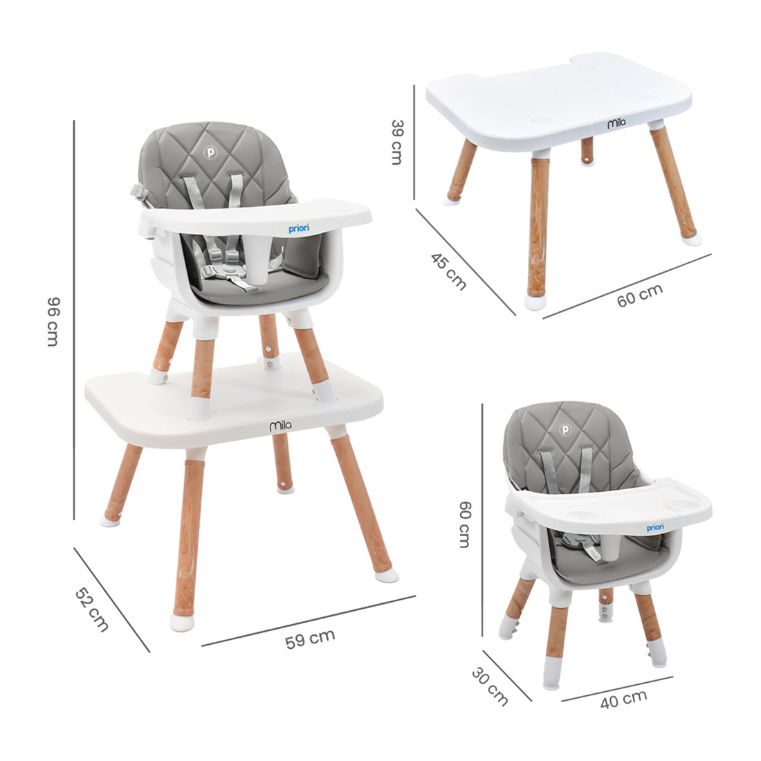 Silla Comedor Bebé 6 en 1 Mila Gris Priori