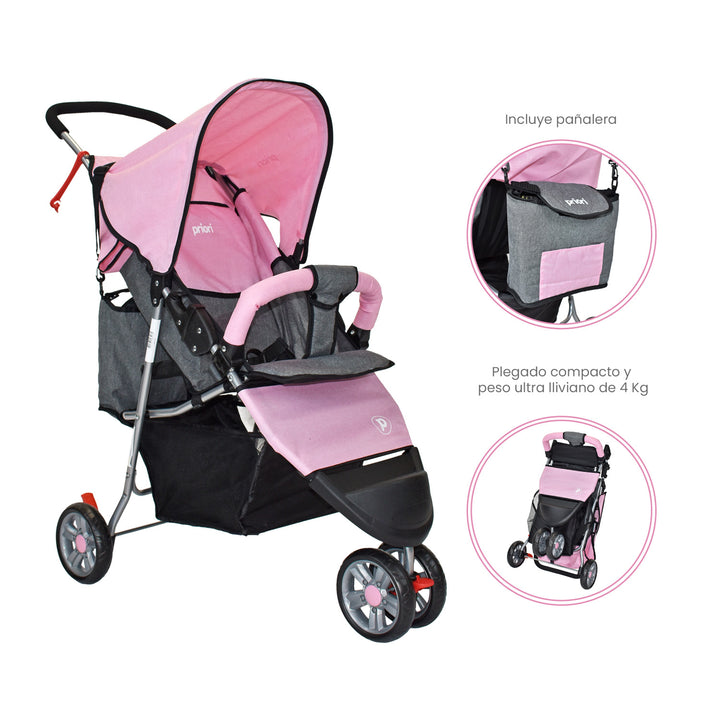 Coche Bebe Priori Tres Ruedas Liviano+Pañalera Jogger Rosa