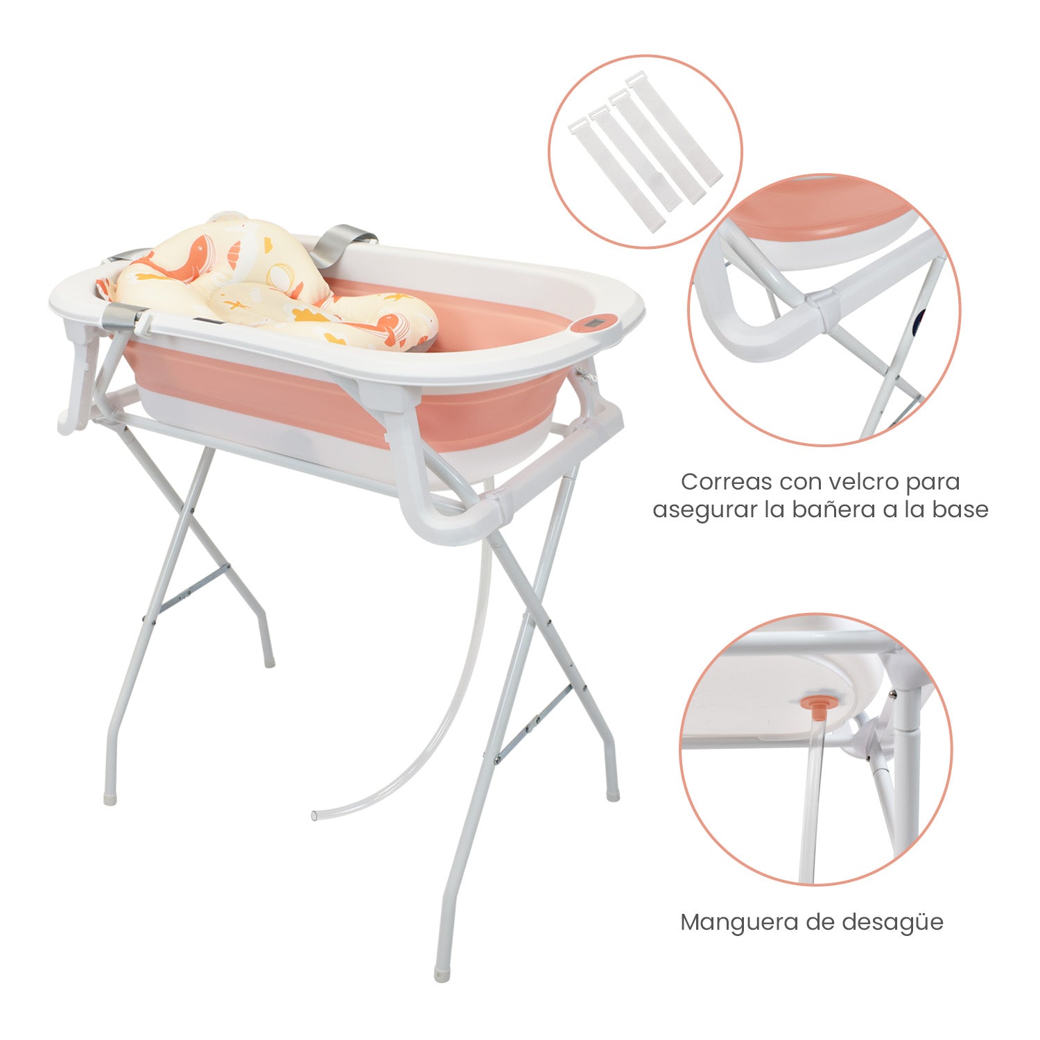 Bañera Plegable Con Soporte Y Cojín Stand Happy Baby Rosa