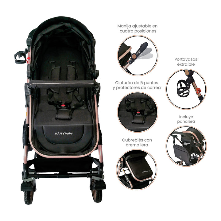Coche Bebe Moises Alizze Happy Baby Negro con Portabebe