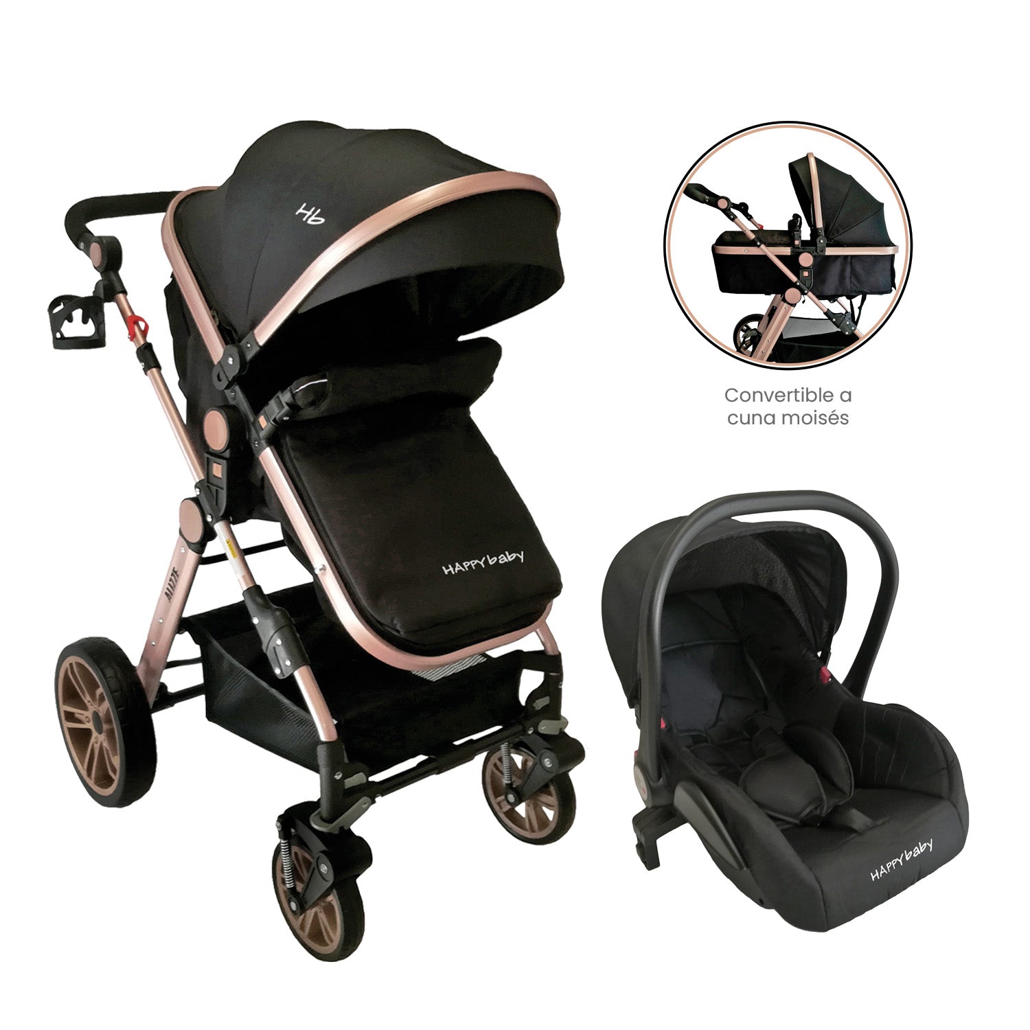 Coche Bebe Moises Alizze Happy Baby Negro con Portabebe