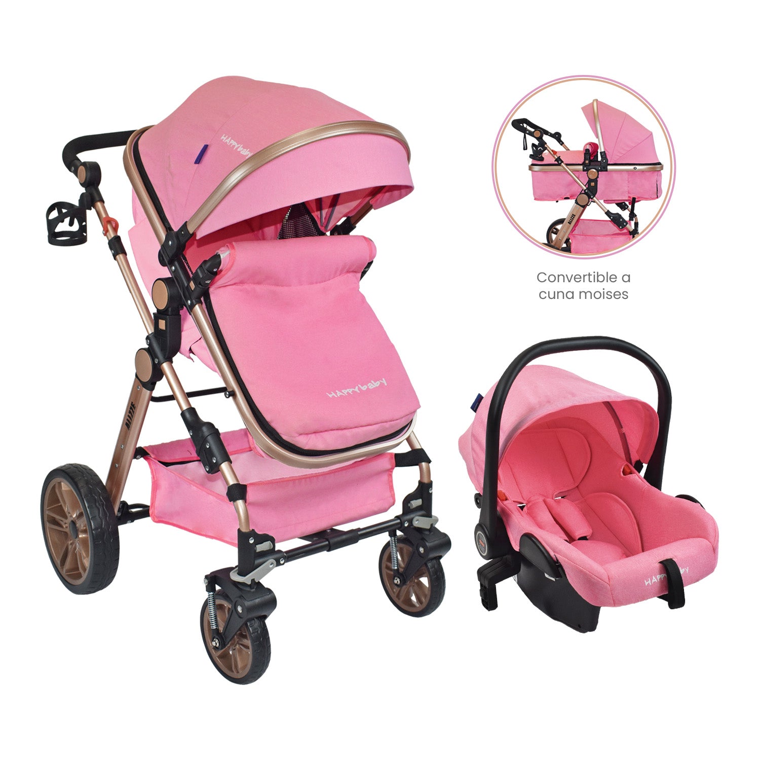 Coche Bebe Moisés Alizze Happy Baby Rosado