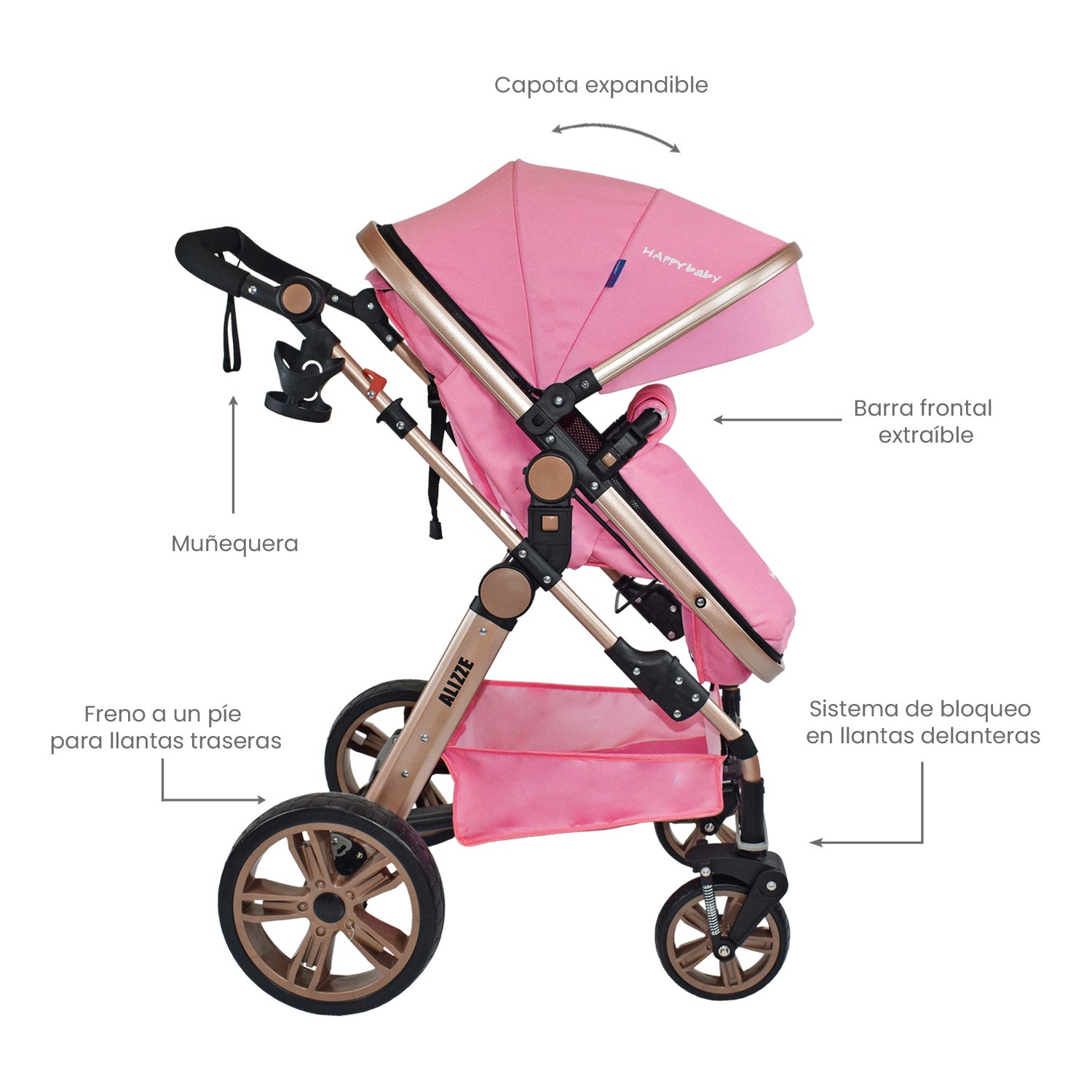 Coche Bebe Moisés Alizze Happy Baby Rosado