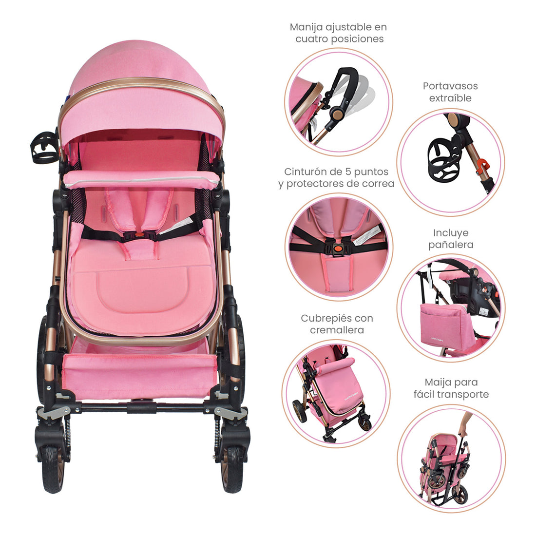 Coche Bebe Moisés Alizze Happy Baby Rosado