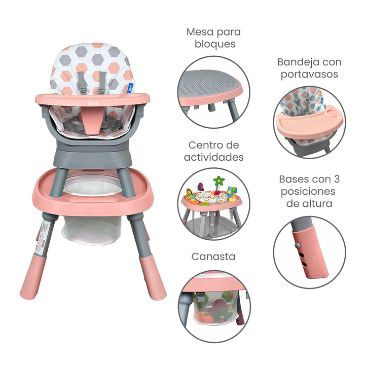 Silla Comedor bebé 12 en 1 con Giro 360 Yae de Priori Rosa